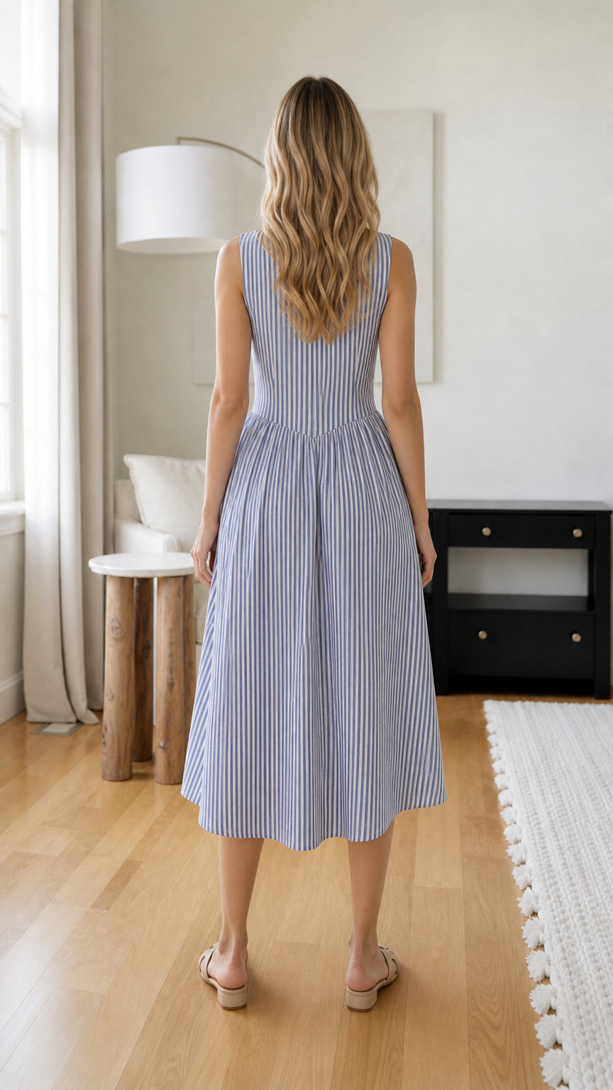 Back view of woman wearing blue striped midi dress