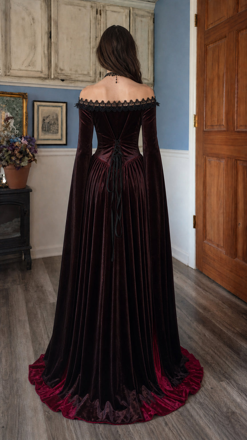 Back view of burgundy velvet dress with lace-up corset and split sleeves