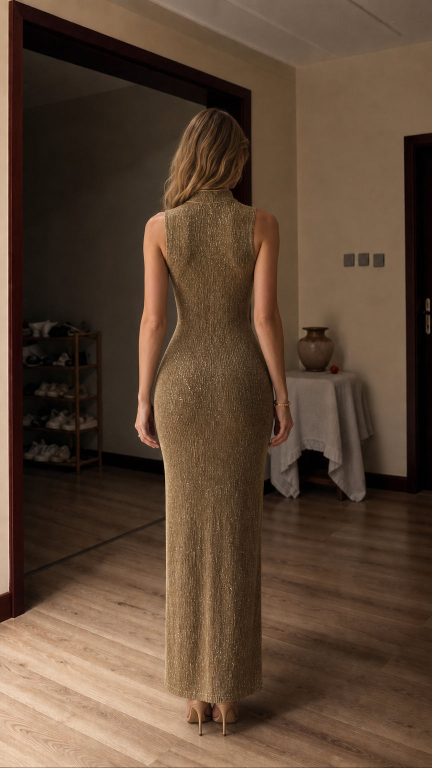Back view of model in gold metallic maxi dress