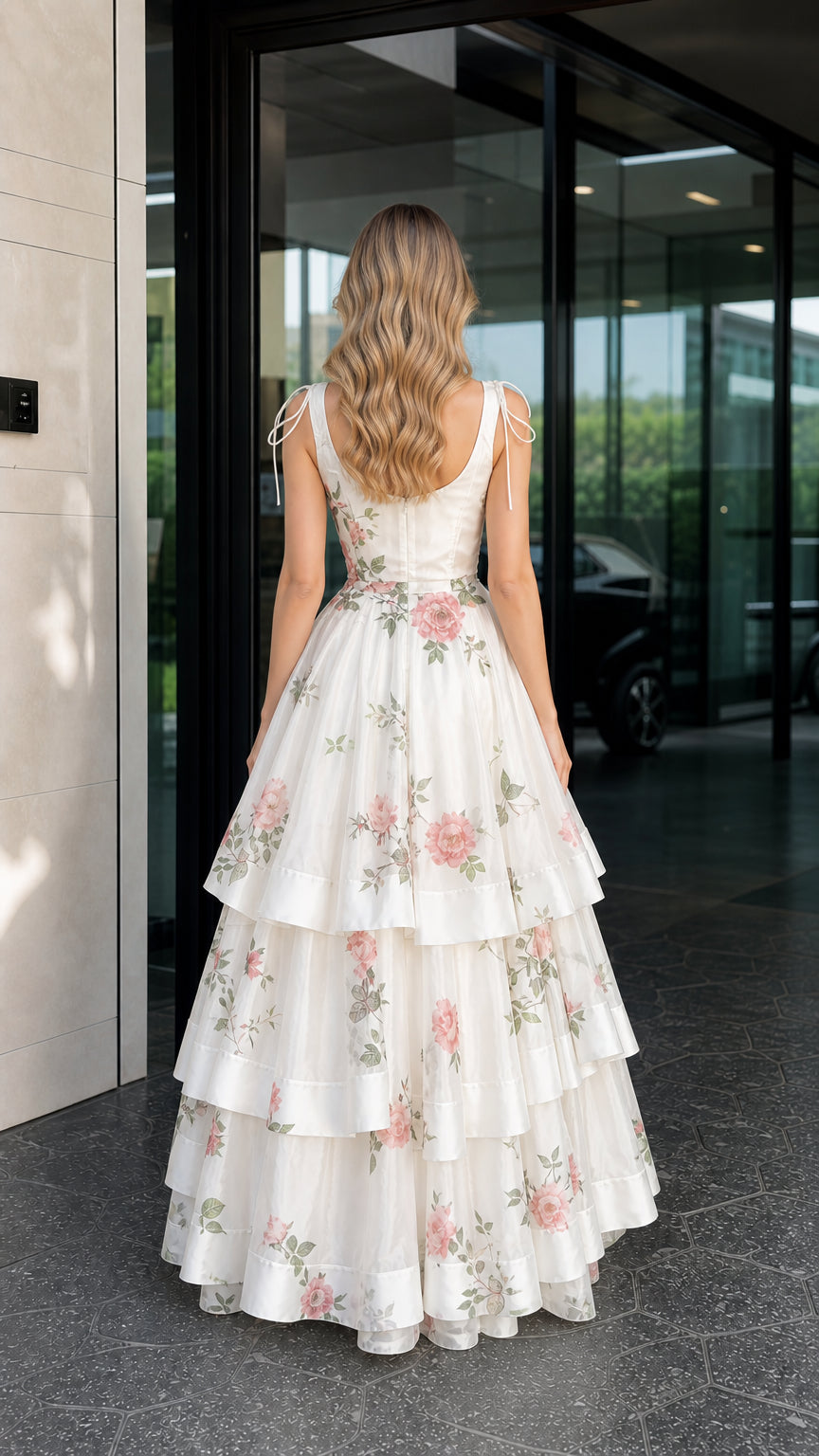 Back view of white floral maxi dress showing tiered layers