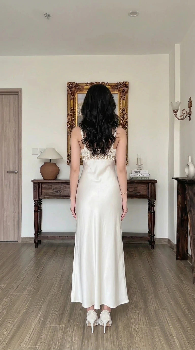 Back view of white satin maxi slip dress