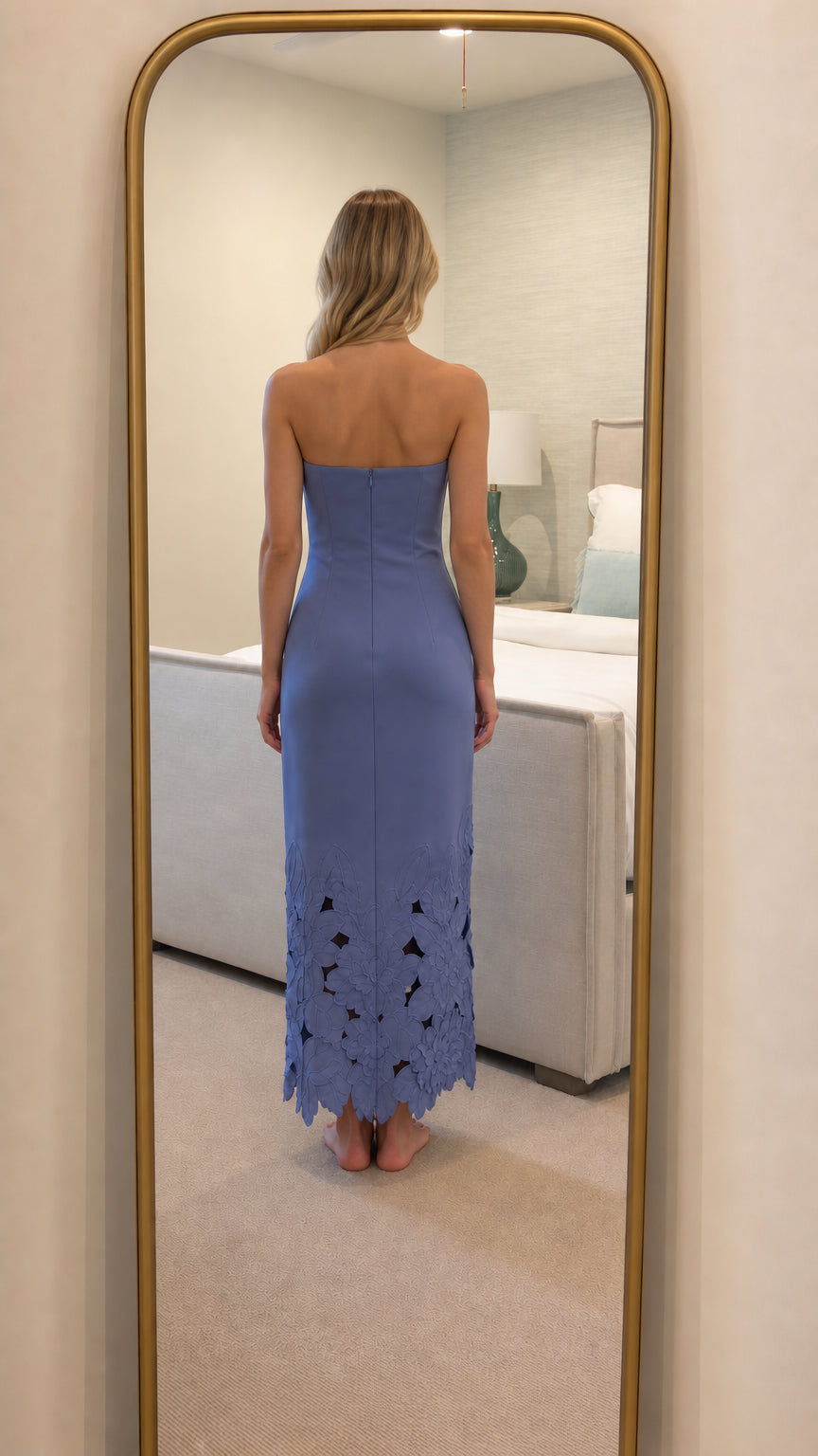Back view of periwinkle strapless maxi dress
