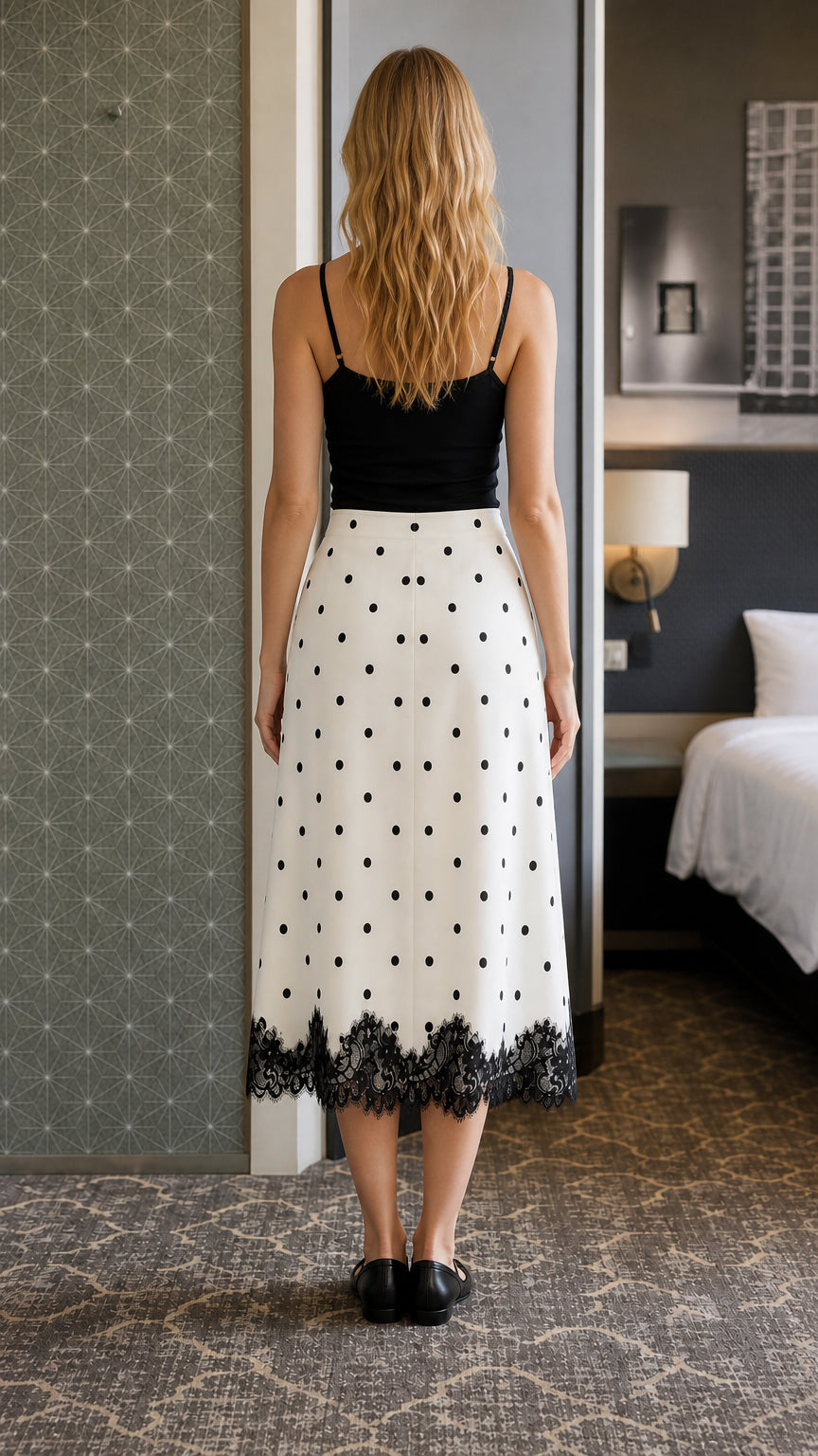 Back view of model showcasing the midi length skirt and lace trim