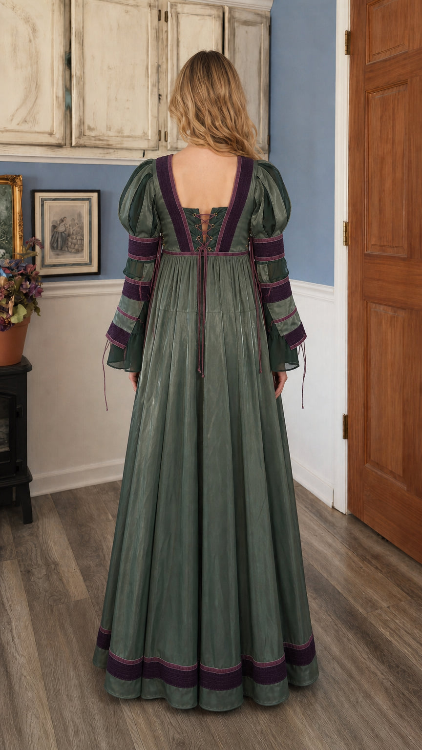 Renaissance Medieval Lace-Up Long Sleeve Maxi Dress in sage green, back view