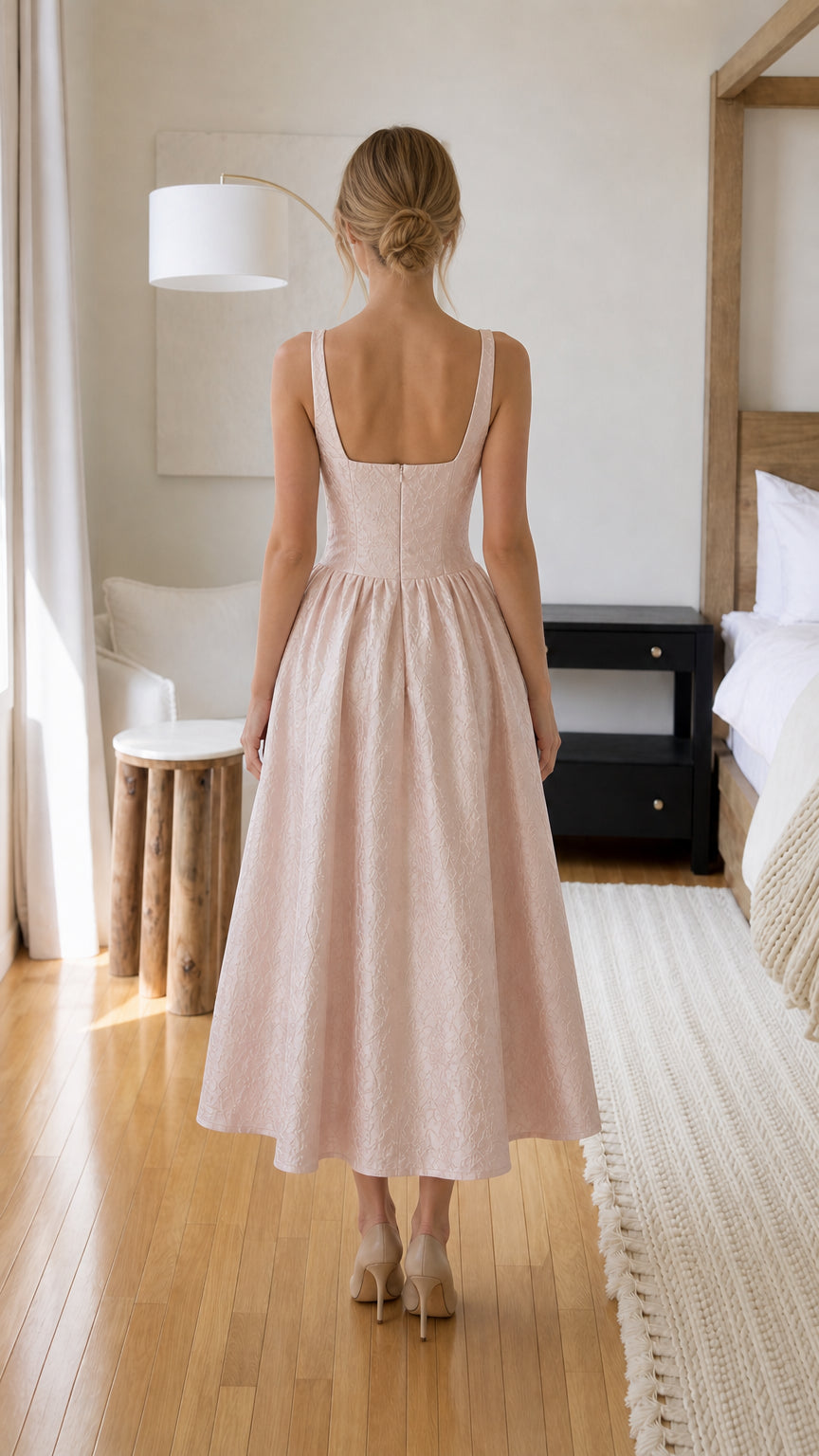 Back view of woman in blush pink midi dress