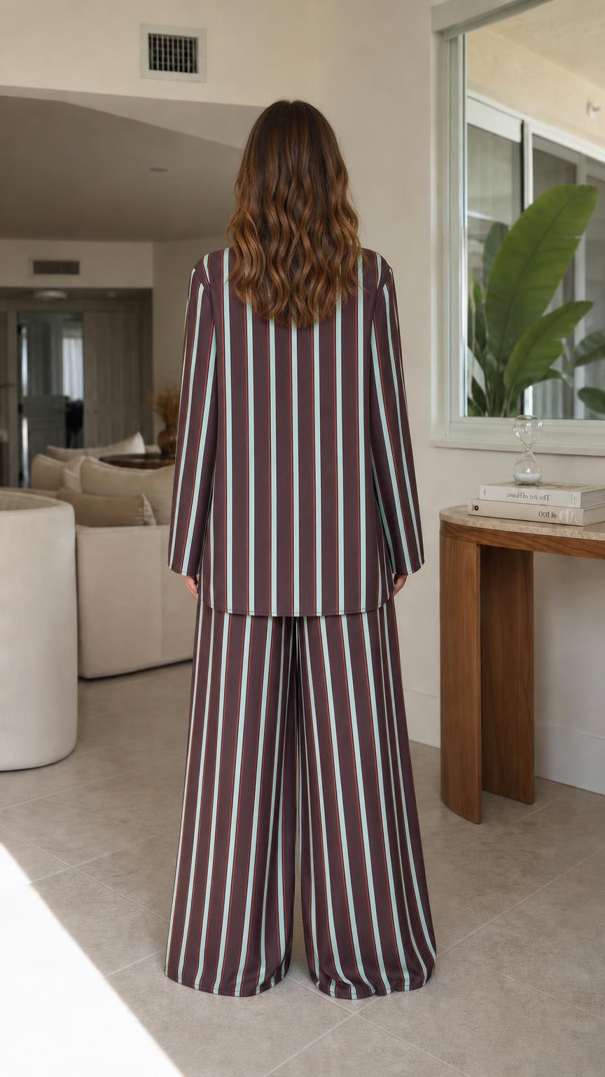 Model wearing brown striped matching set back view