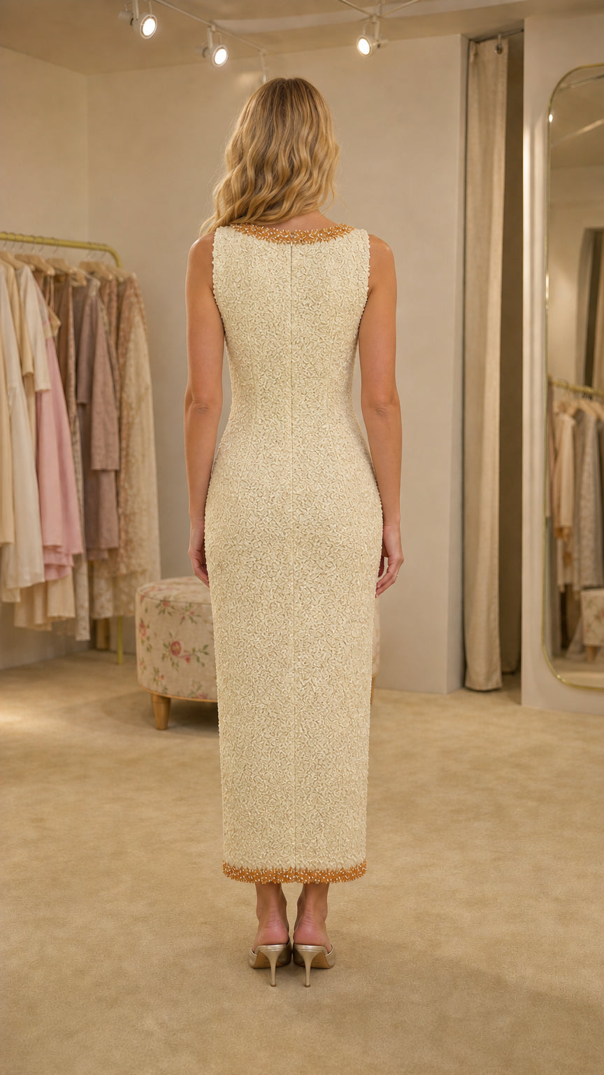 Back view of woman wearing cream sleeveless midi dress