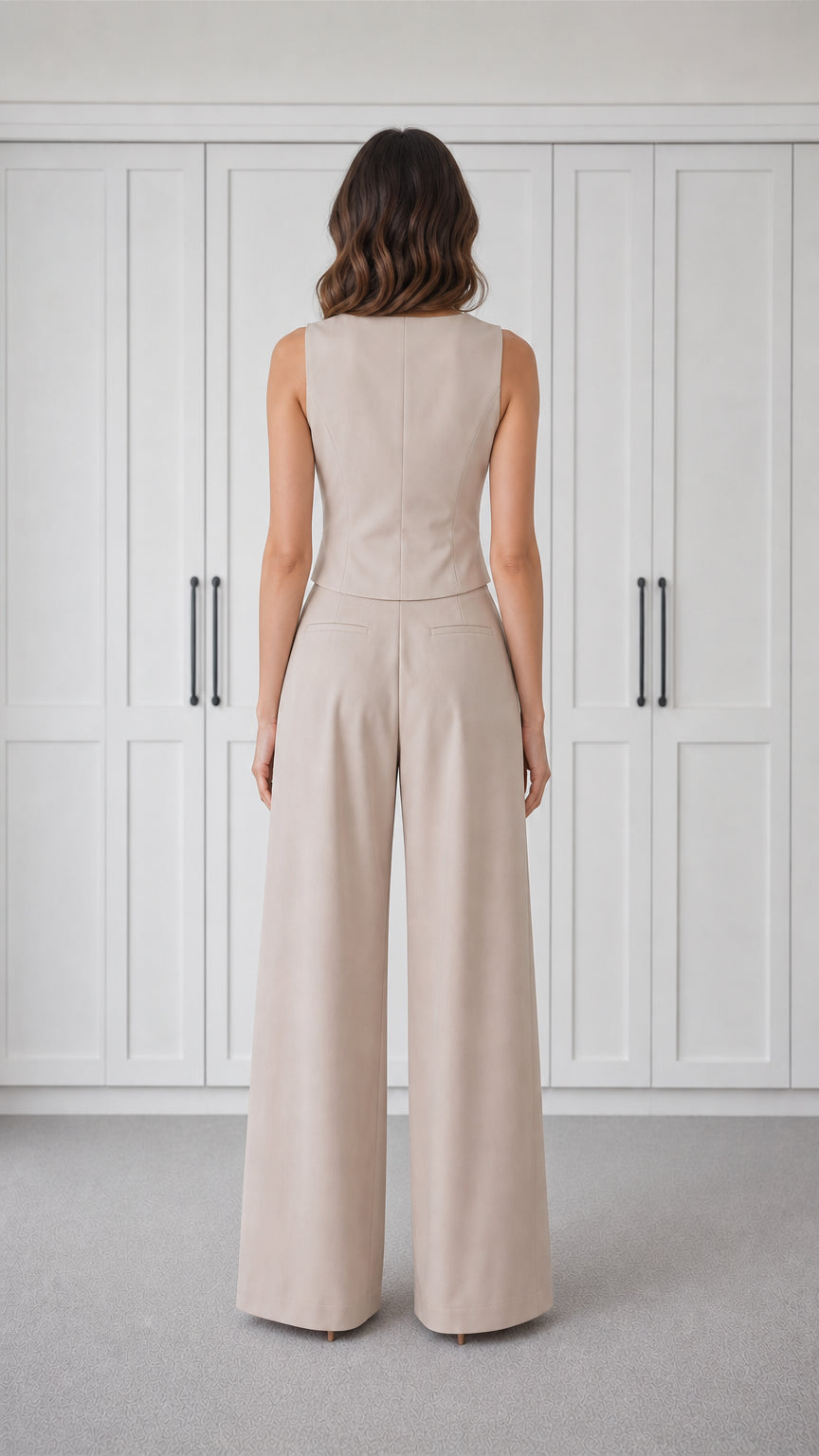 Back view of woman wearing beige vest and trousers
