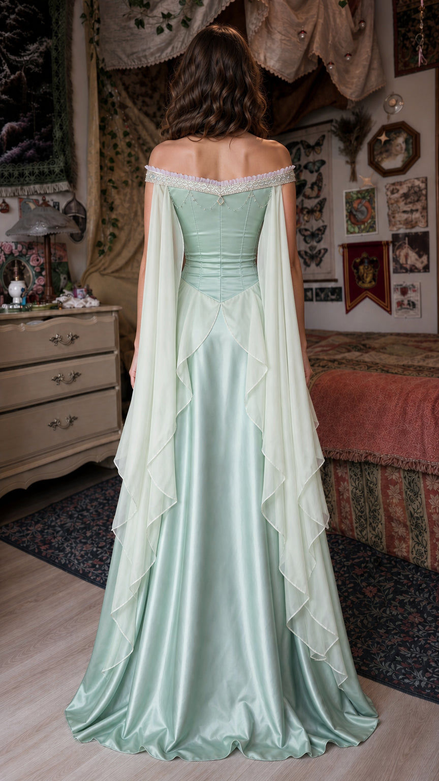Back view of sage green gown showing draped sheer overlays