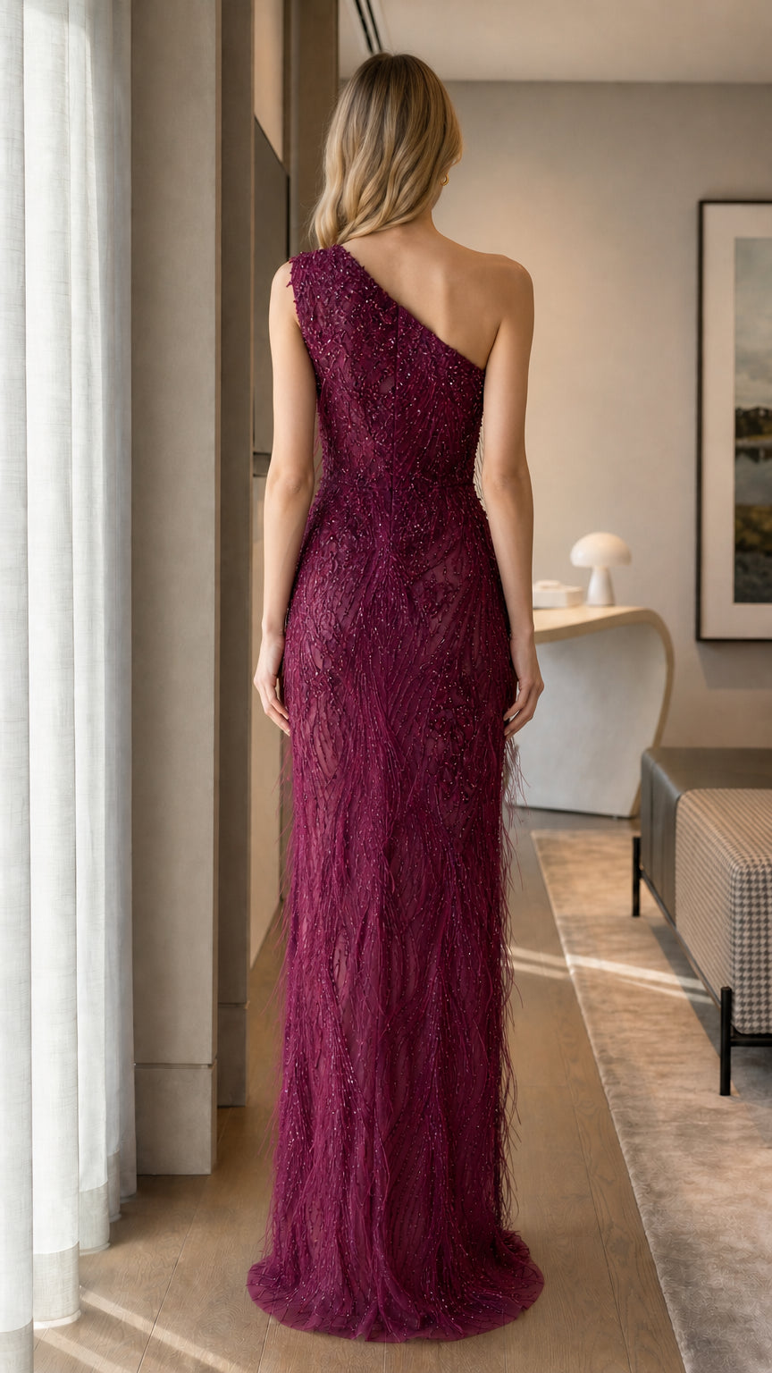 Burgundy One-Shoulder Beaded Formal Evening Dress Back View