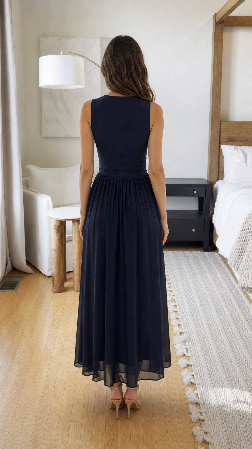 Back view of Navy chiffon maxi dress