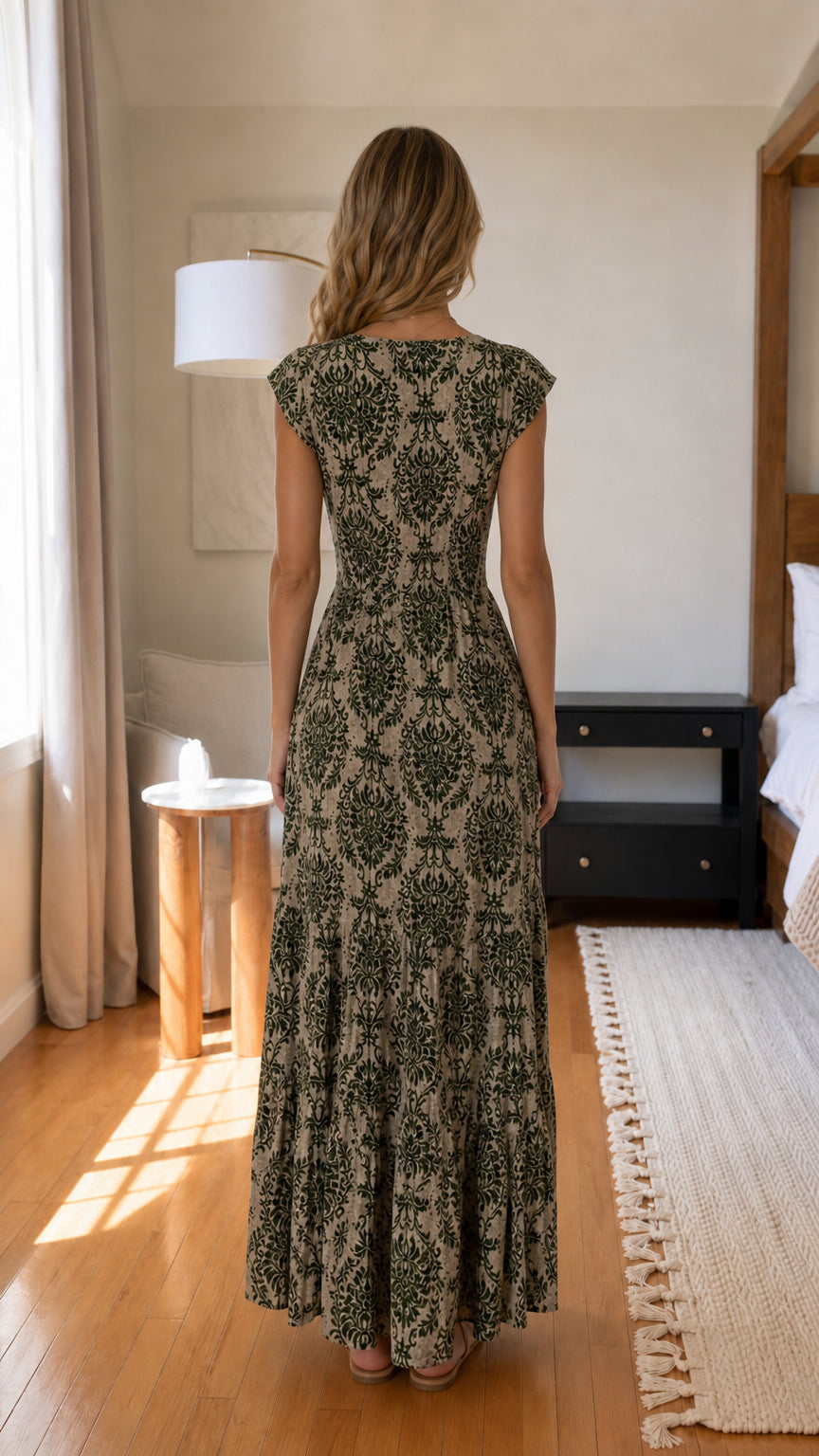 Back view of model in sage green maxi dress