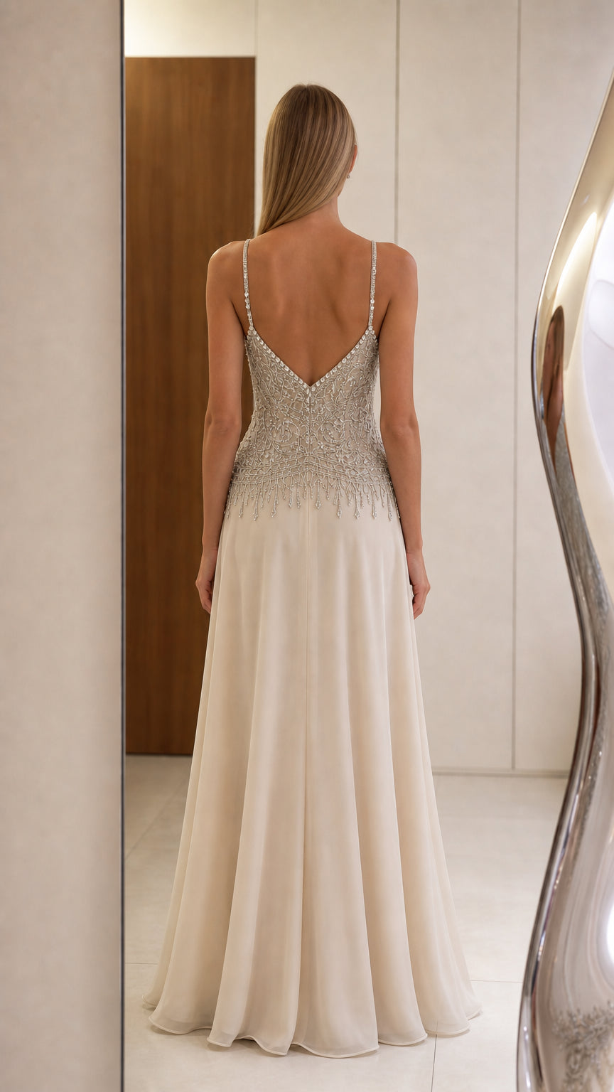 Back view of champagne formal dress showing open V-back