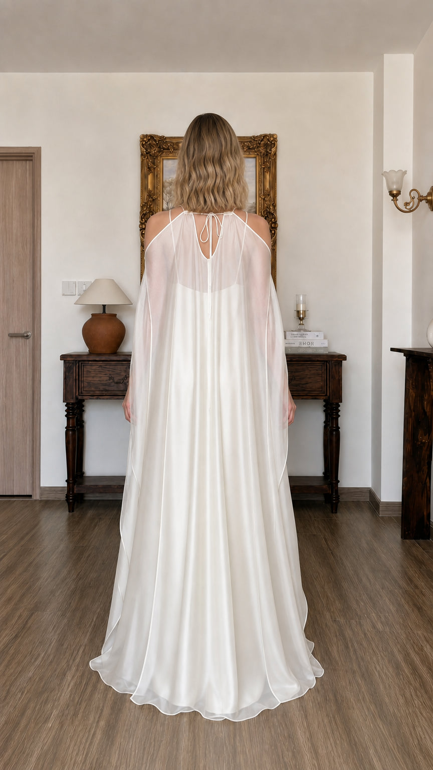 Back view of ivory dress showing tie-closures