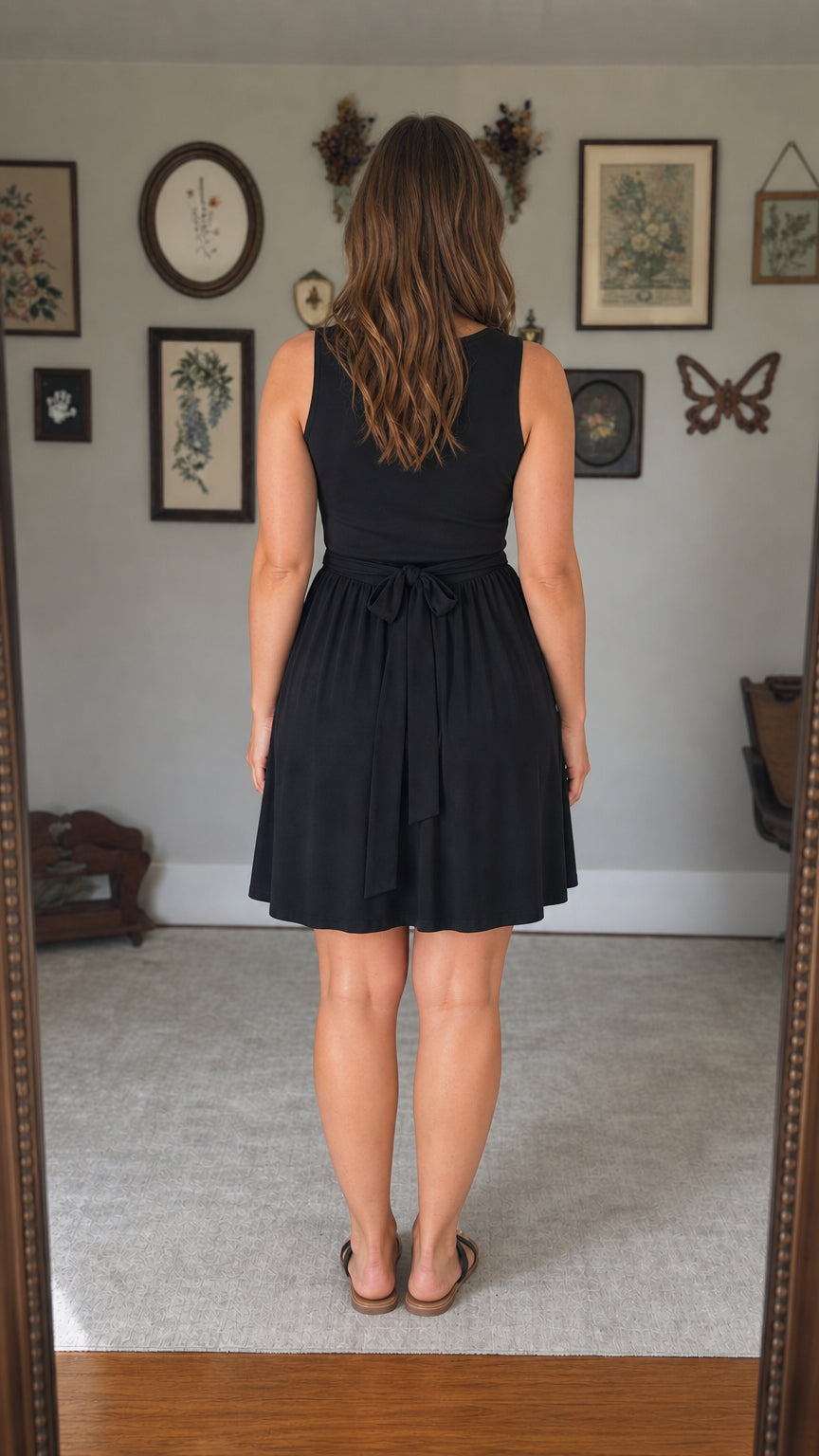 Back view showcasing back tie detail on black mini dress