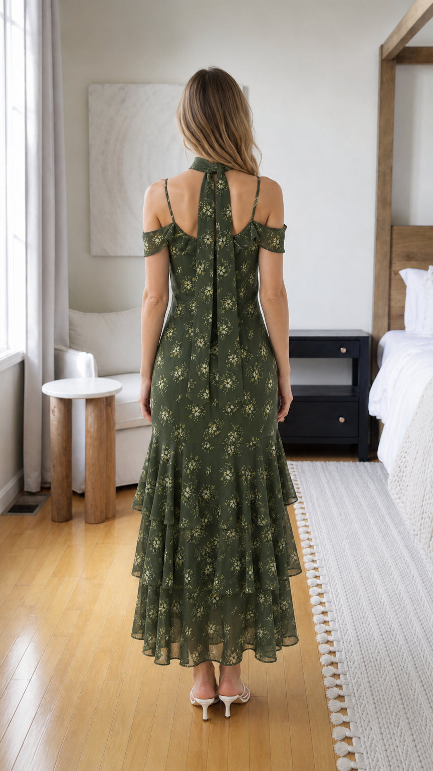 Model wearing olive floral print midi dress, back view