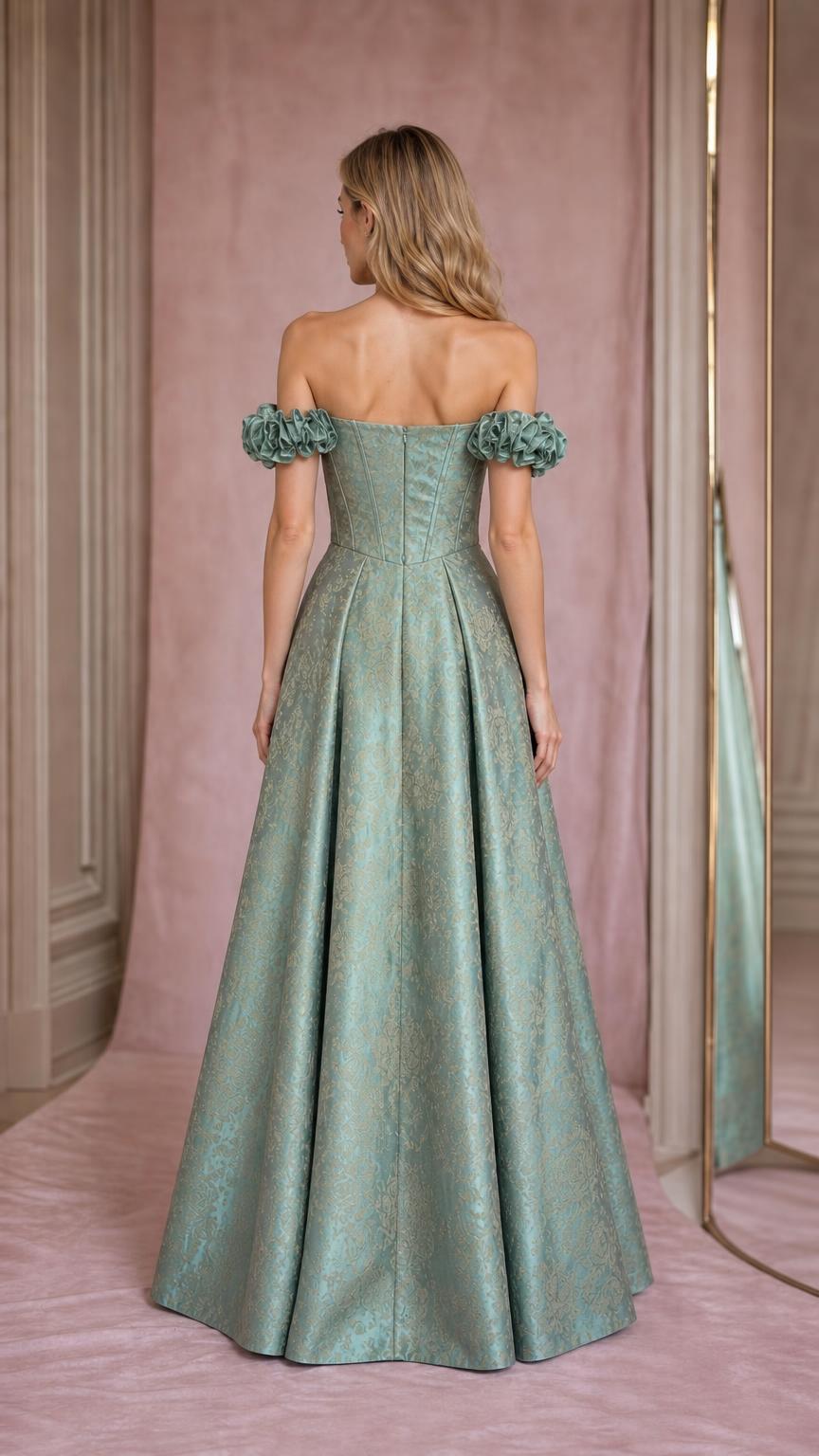 Back view of sage green evening gown showing structured back