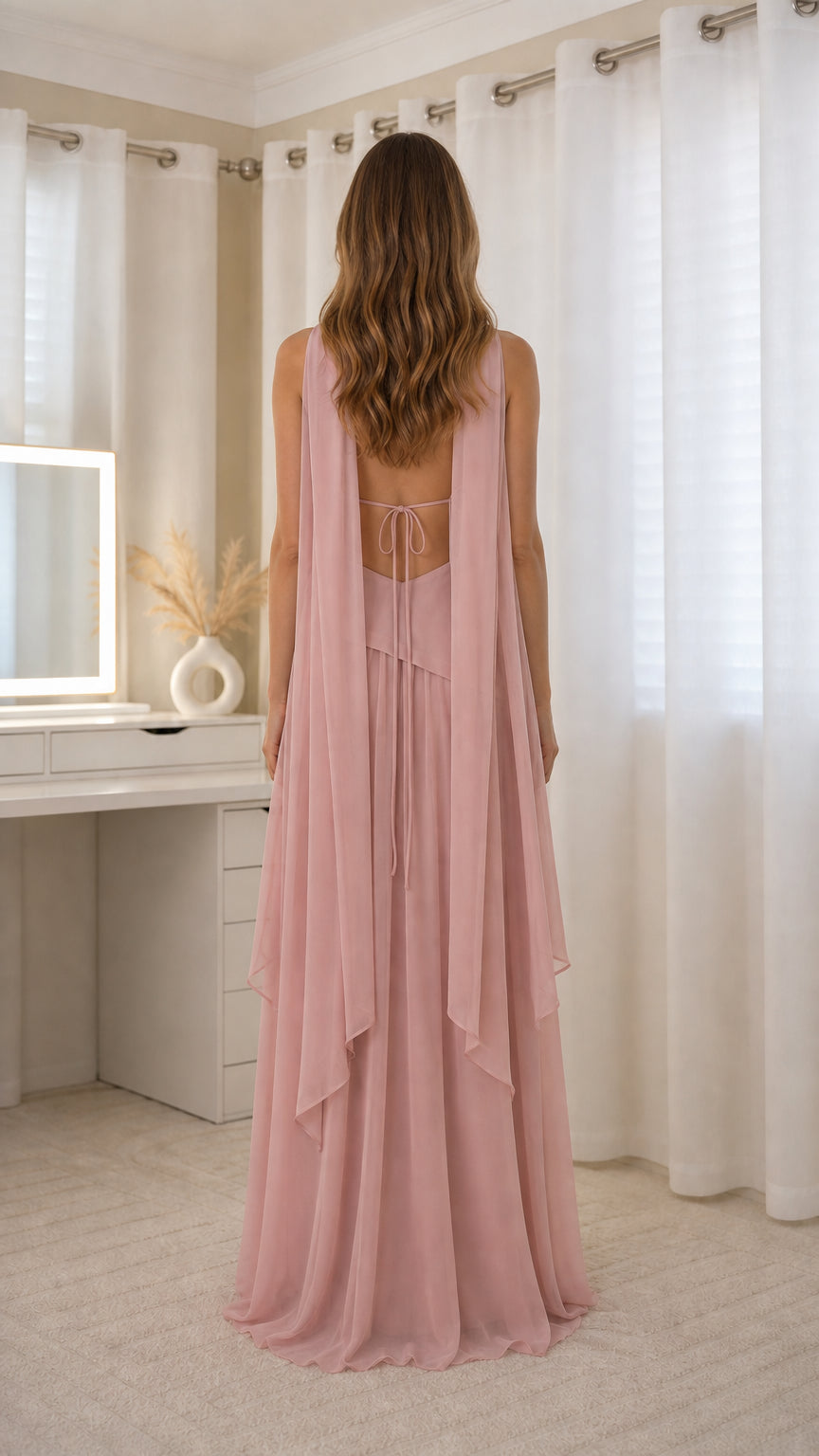 Back view showing draped chiffon and lace-up back detail