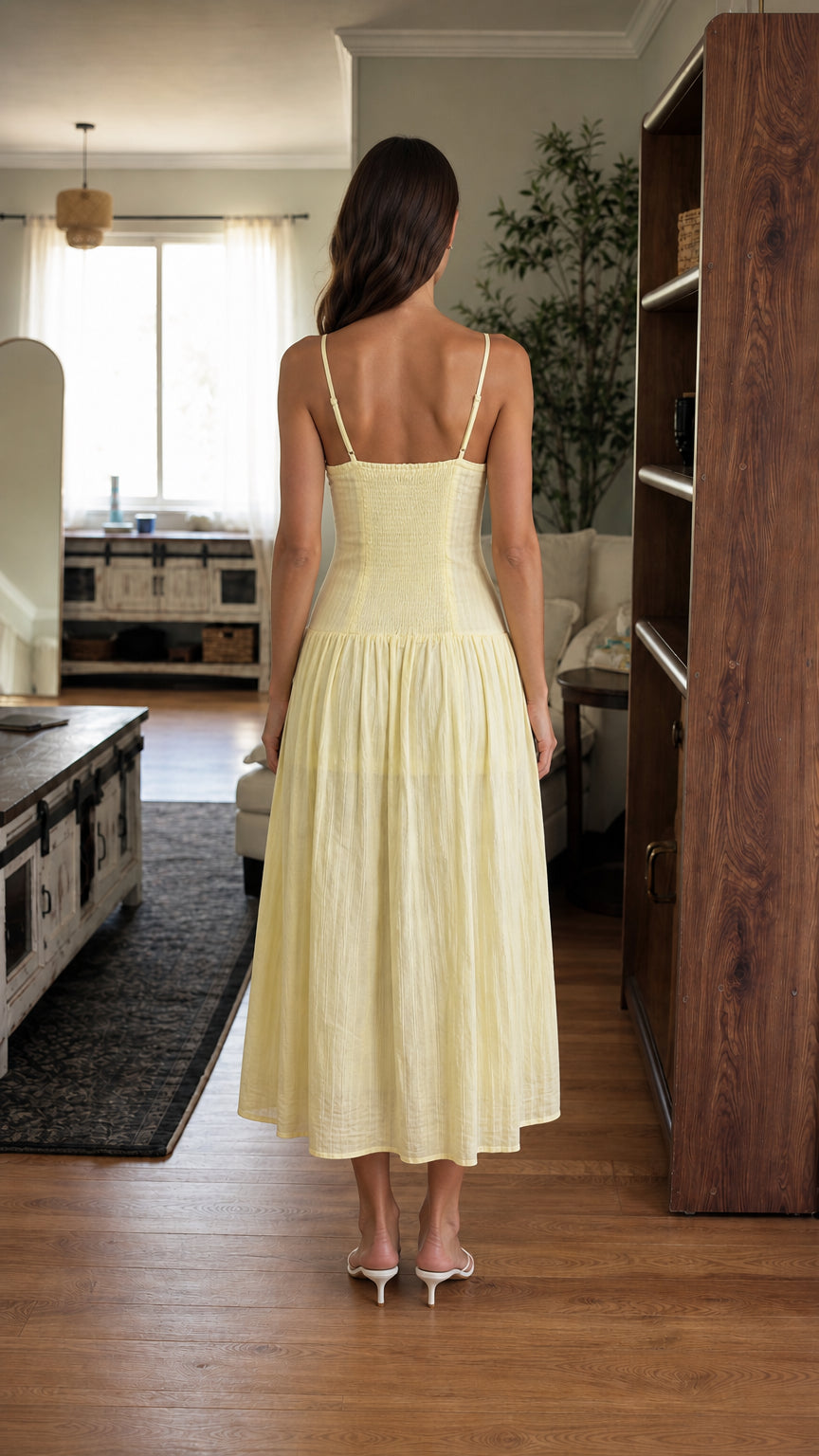 Back view of woman in yellow midi dress