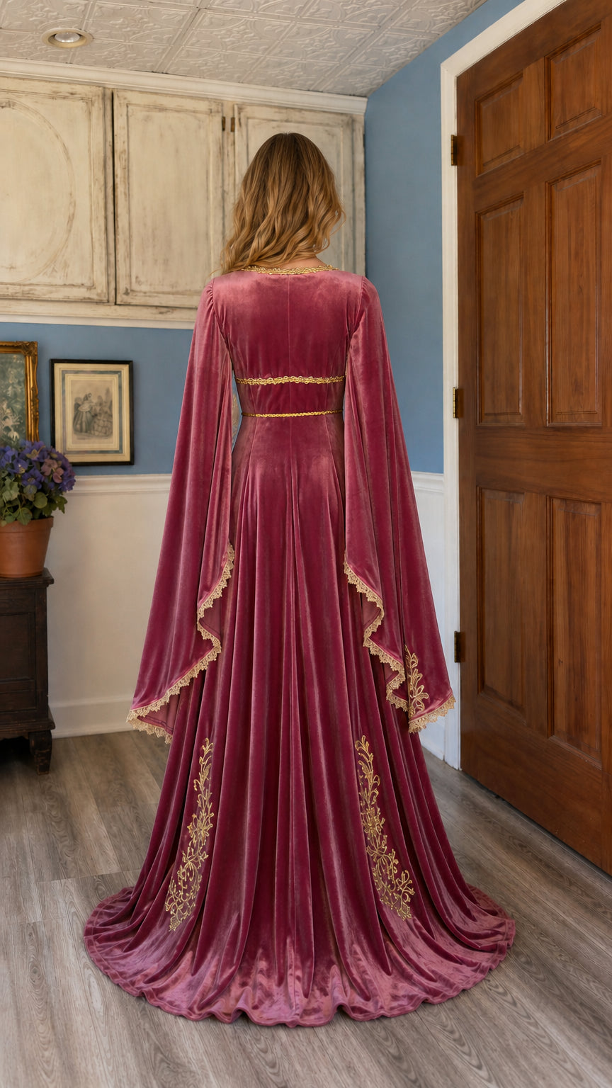 Back view of the pink Renaissance gown with laced corset detail