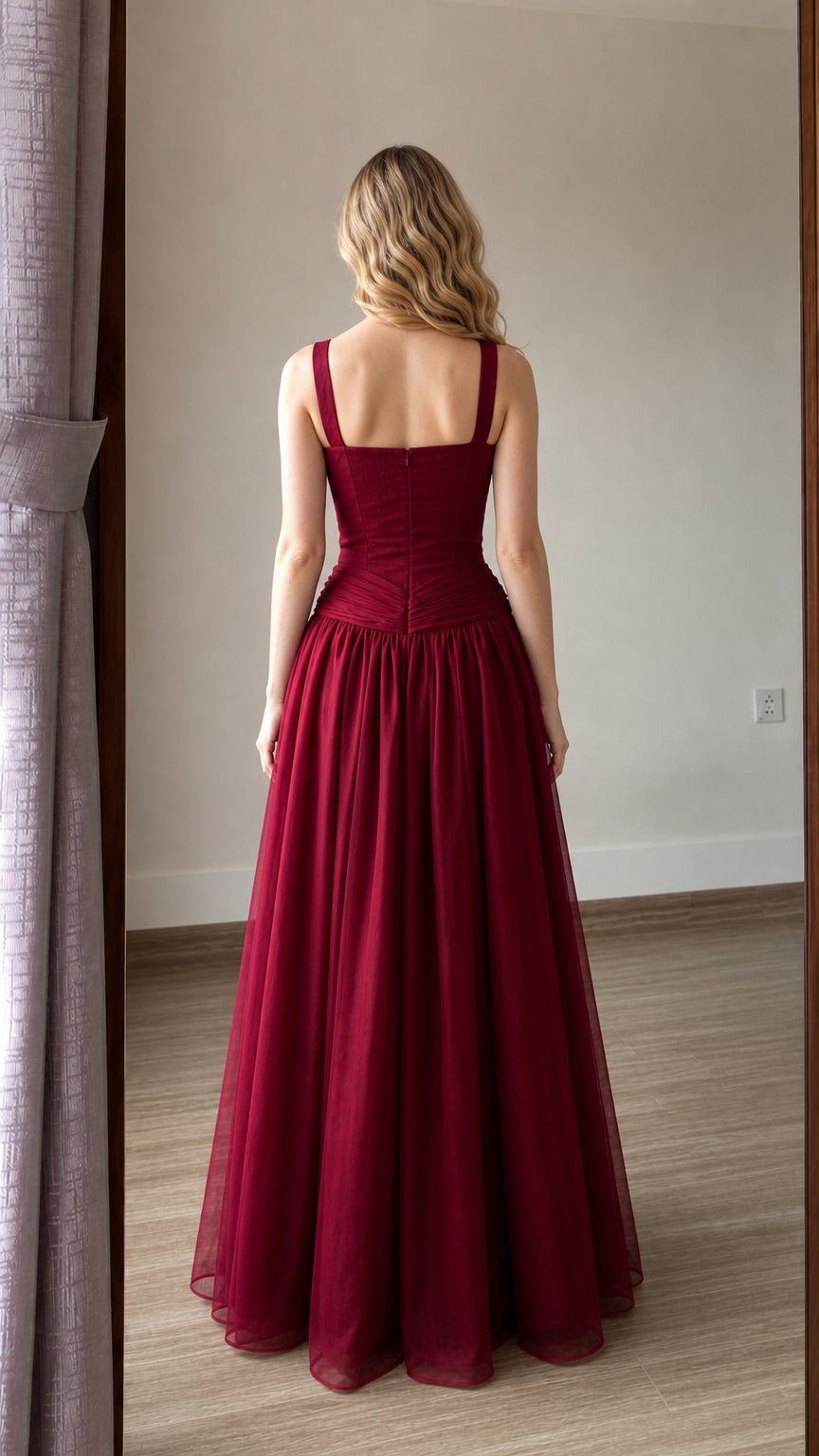 Back view of burgundy formal tulle dress