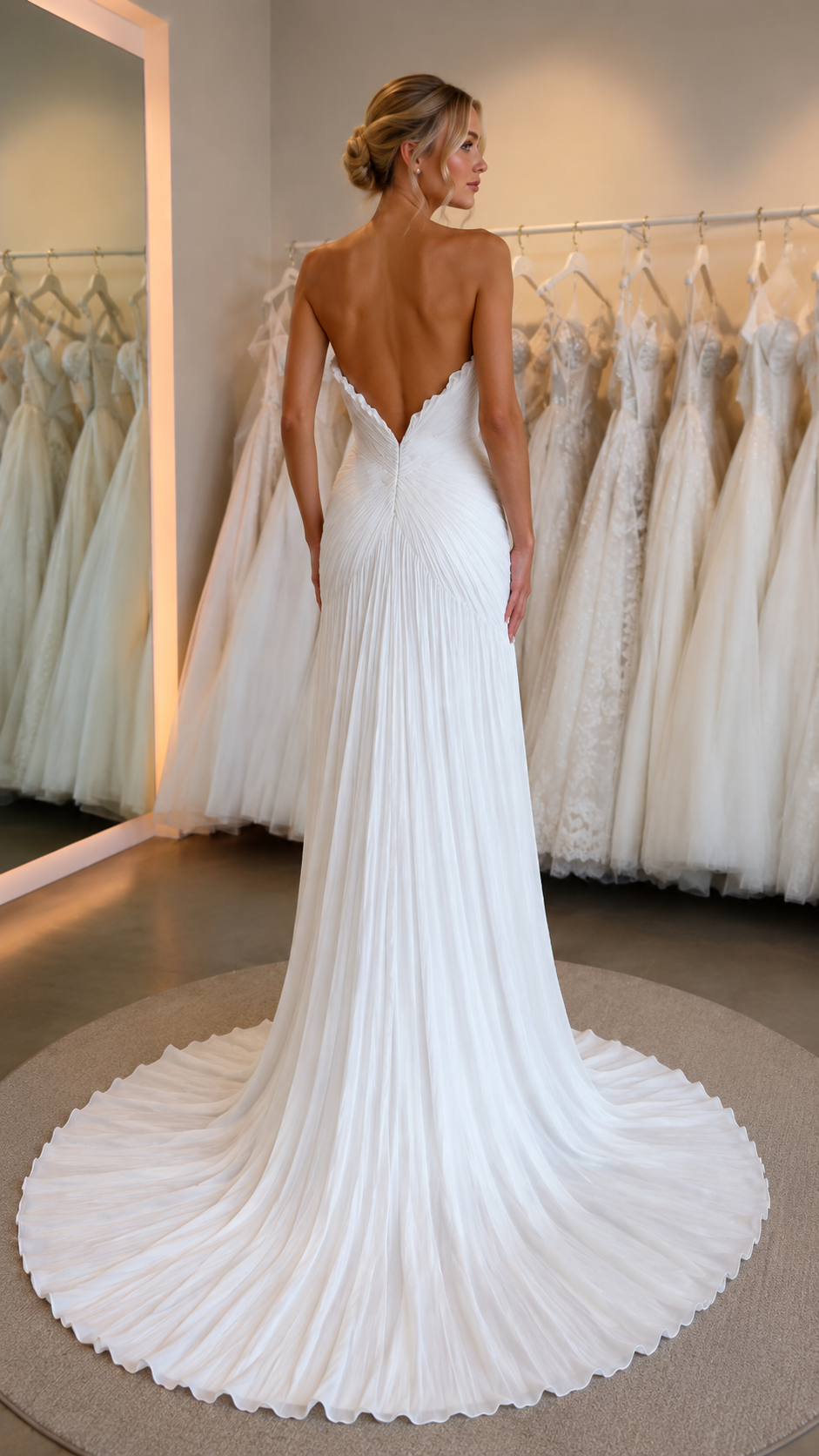 Back view of white strapless pleated gown with deep open back and long train