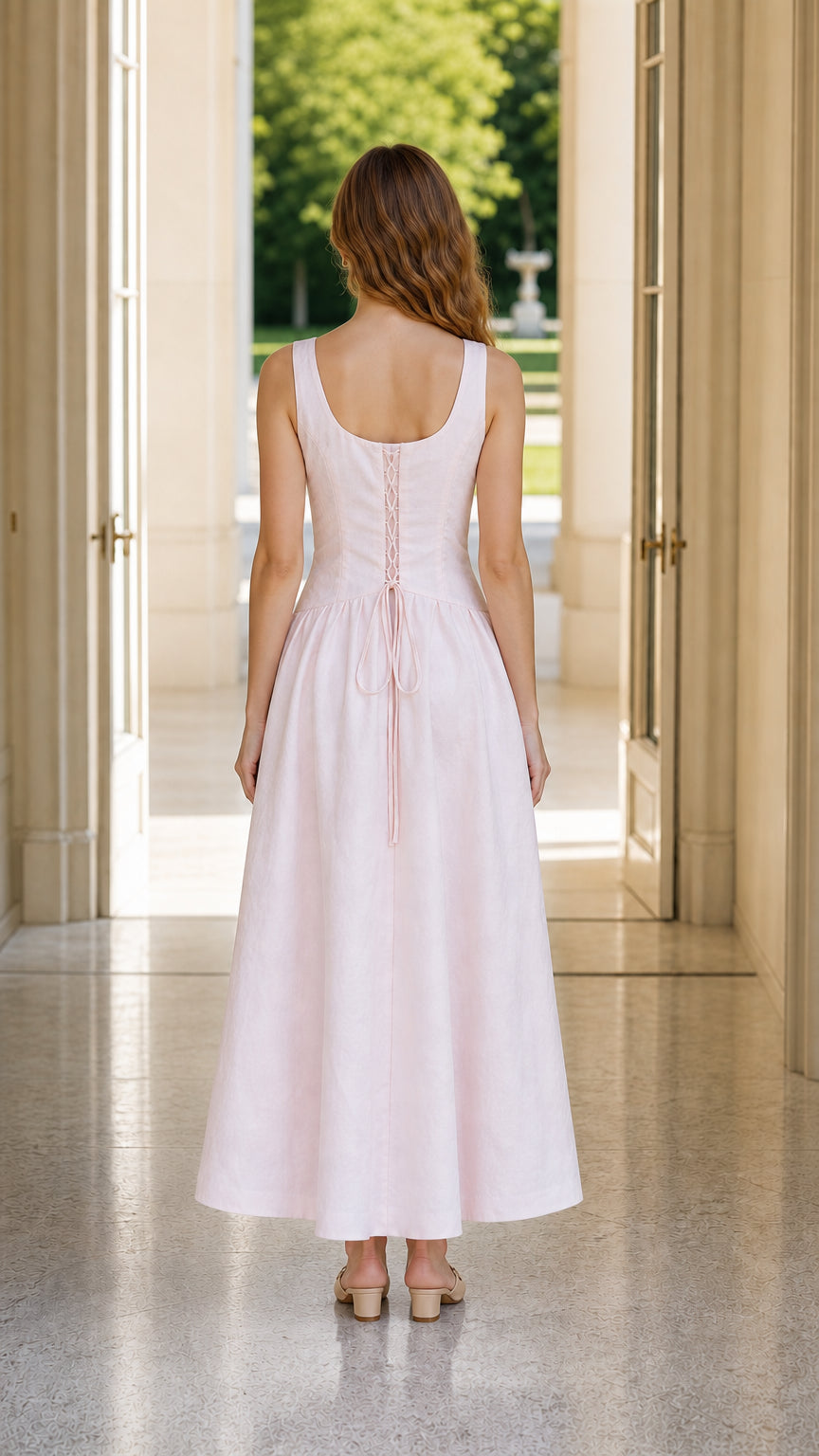 Back view showcasing lace up tie detail on pink dress