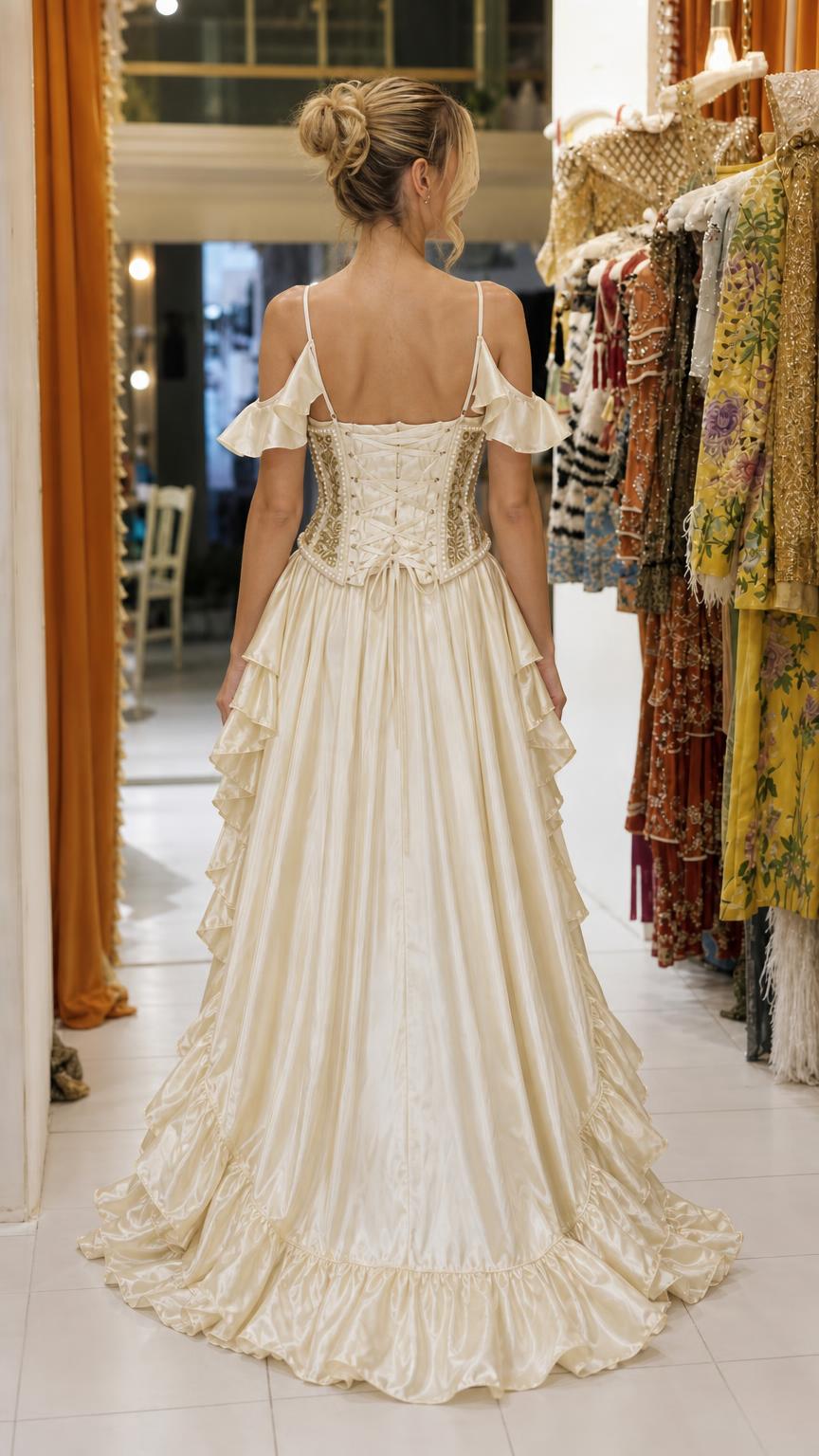 Back view of Champagne gown featuring lace-up corset detail and train
