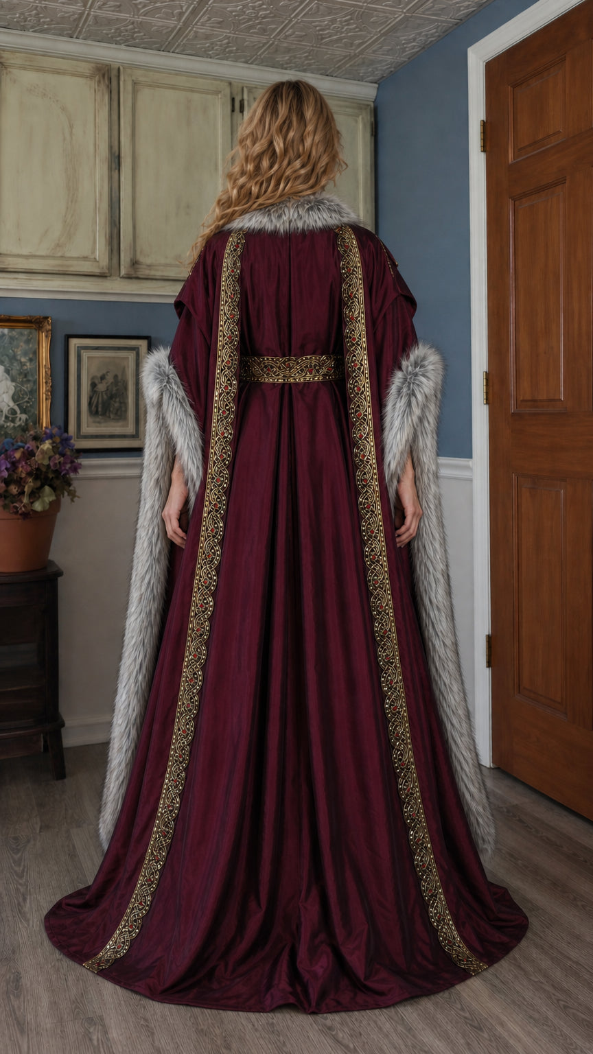 Back view showcasing the flowing cape and embroidered details