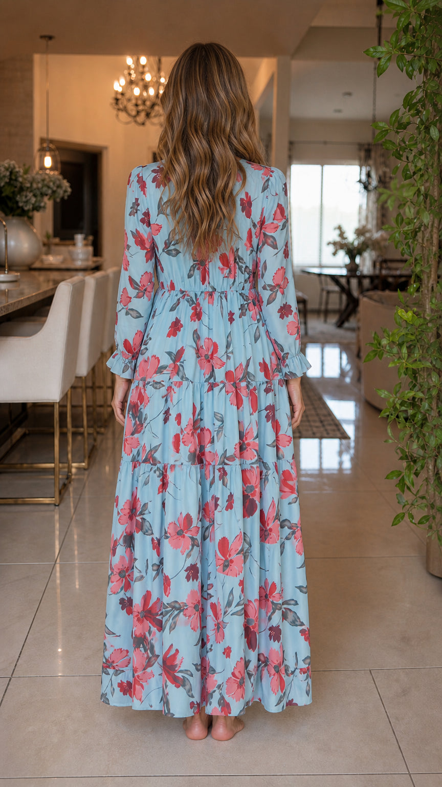 Back view of light blue floral maxi dress