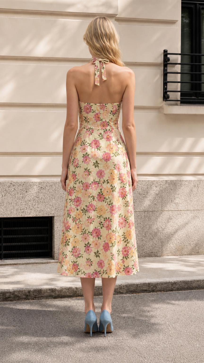 Back view showing halter tie closure and midi length