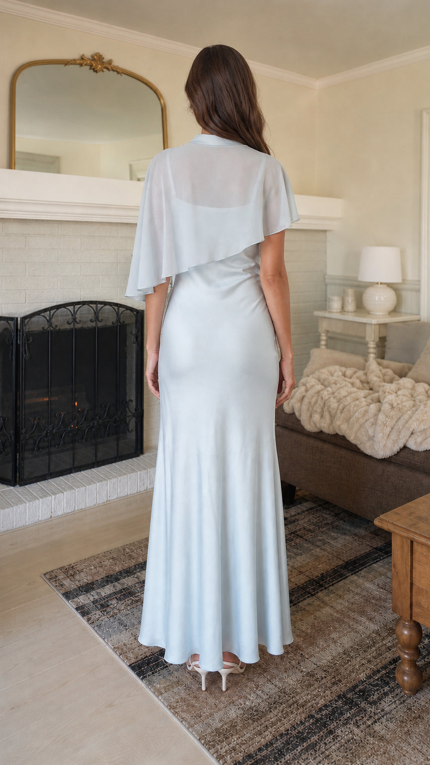 Back view of Light Blue cape maxi dress