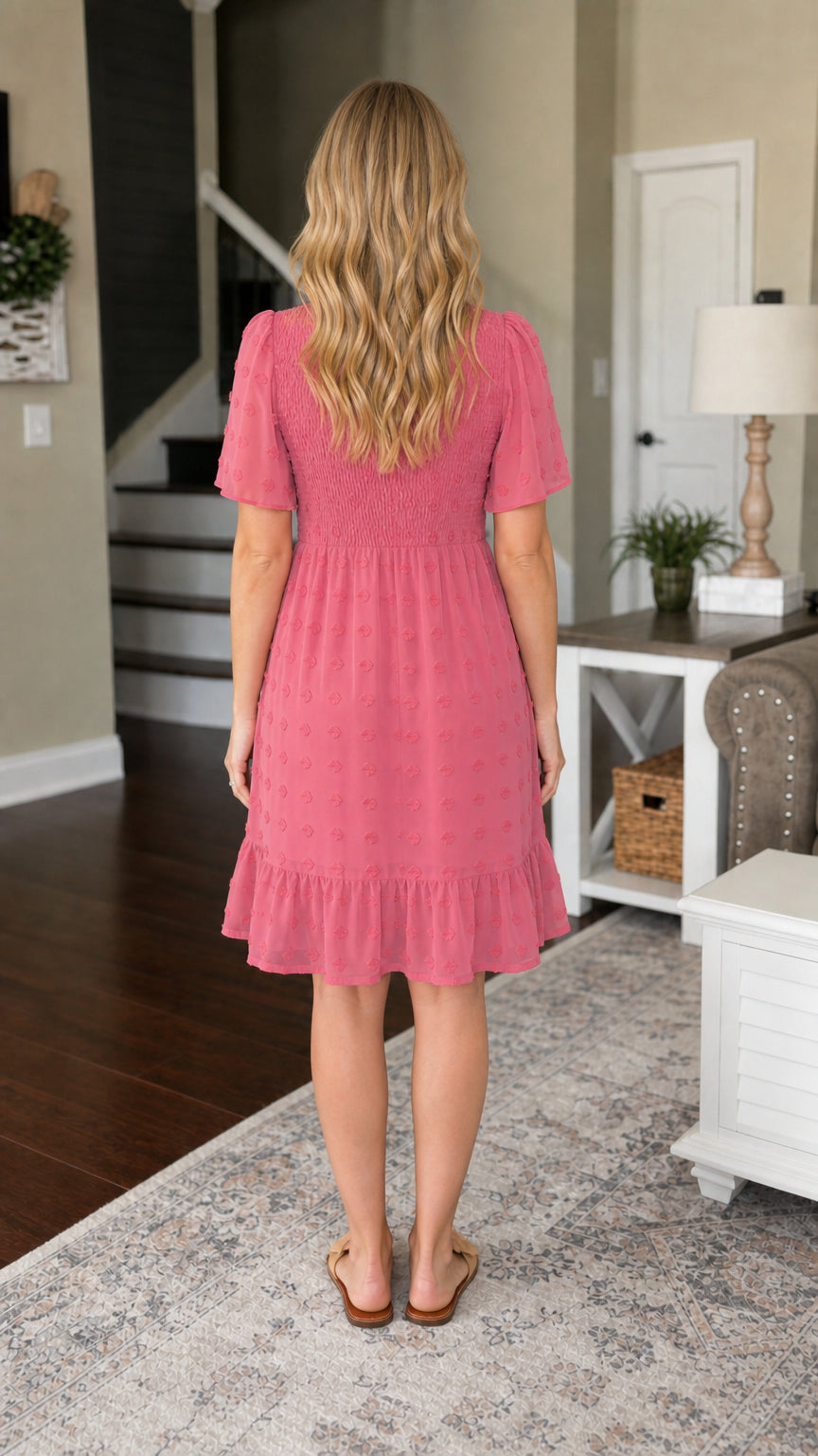 Back view of Rose Pink Swiss dot smocked dress