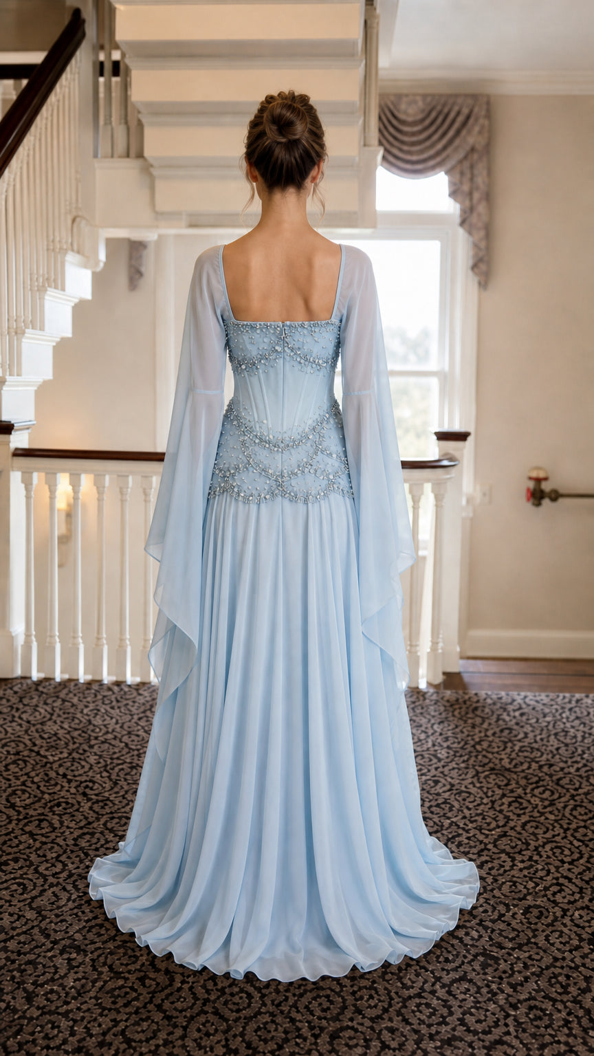 Back view of Light Blue gown with detailed corset back