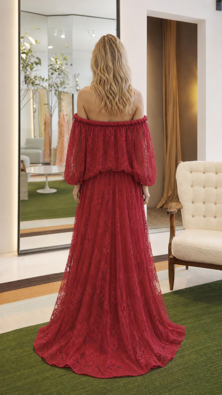 Back view of burgundy lace maxi dress