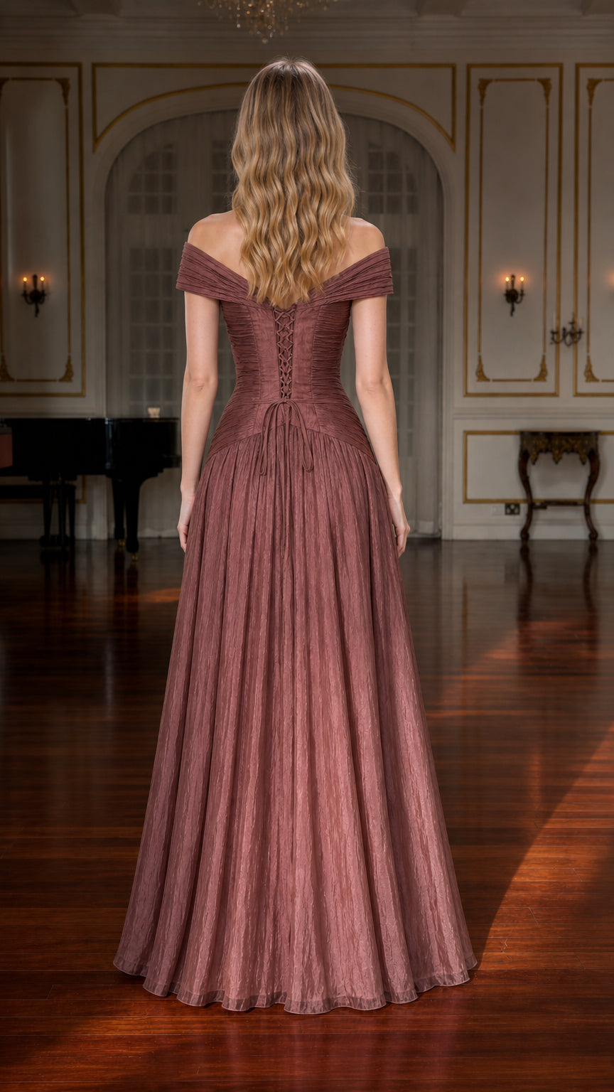 Back view highlighting lace-up corset detail on mauve evening dress