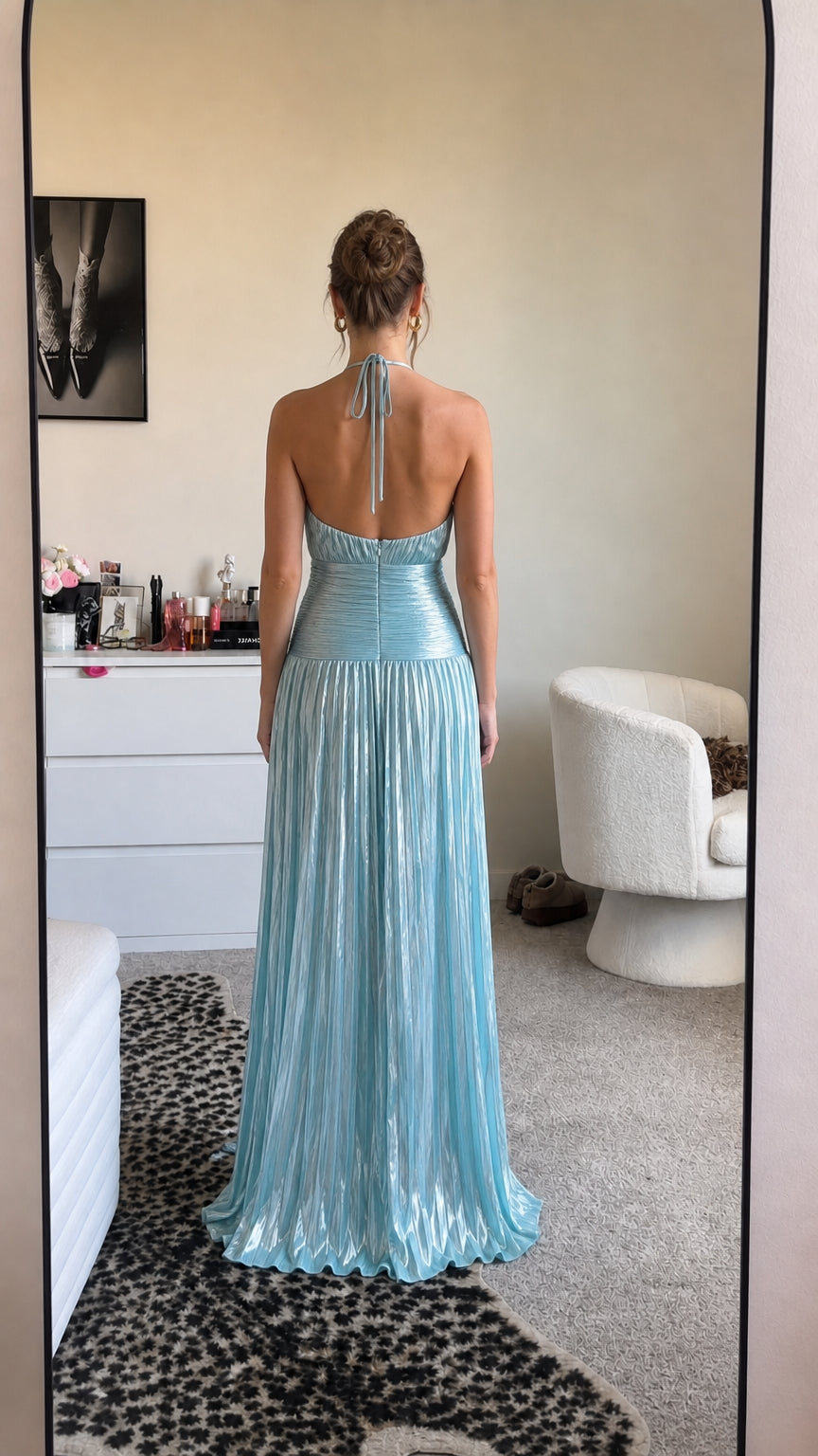 Metallic light blue halter dress back view showing tie straps