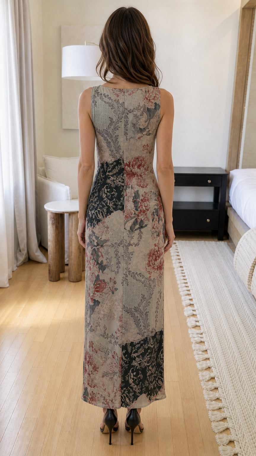 Back view of woman wearing sage green maxi dress