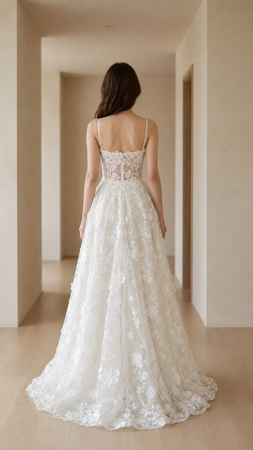 Back view of White evening dress showing sheer bodice