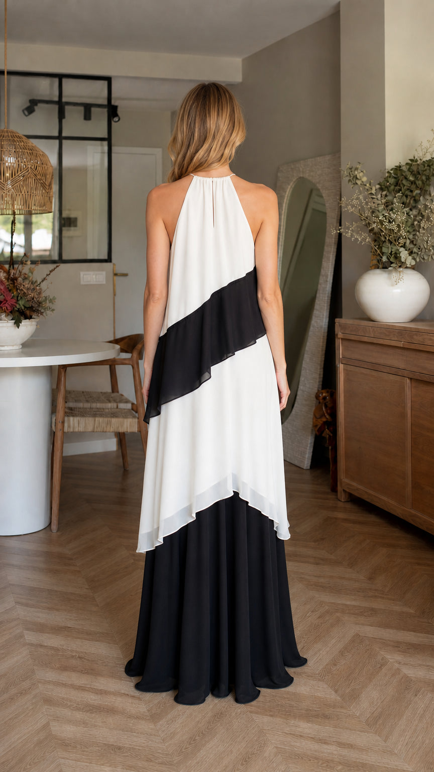 Back view of white color-block maxi dress