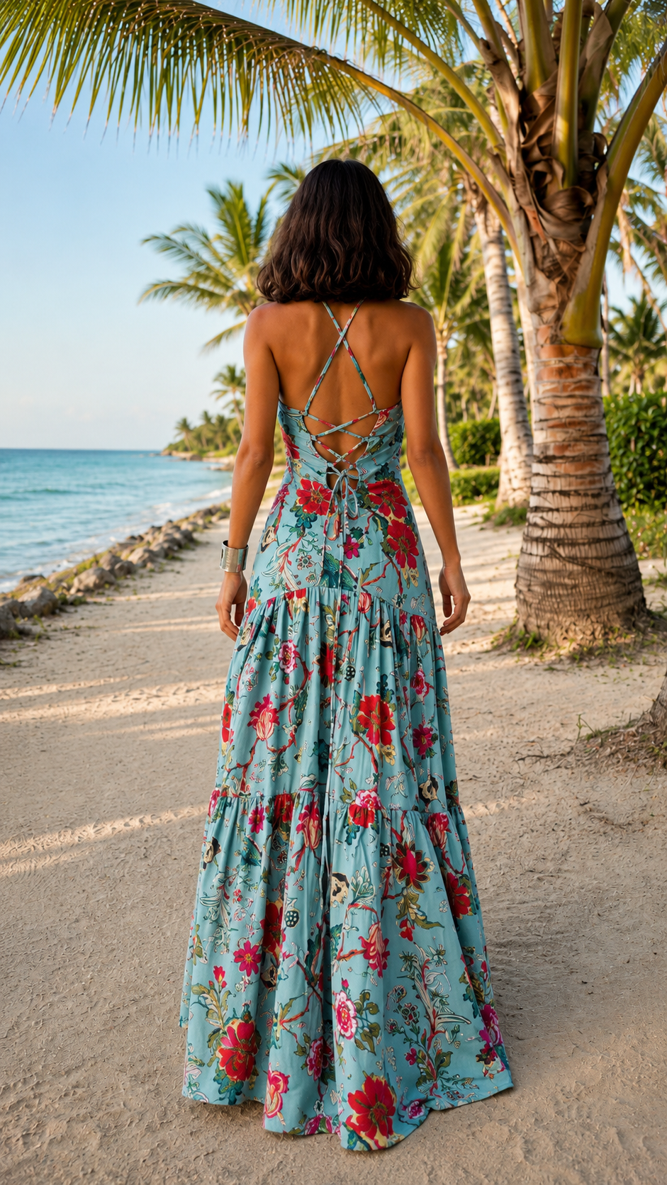 Back view of sky blue floral maxi dress with crisscross lace-up open back
