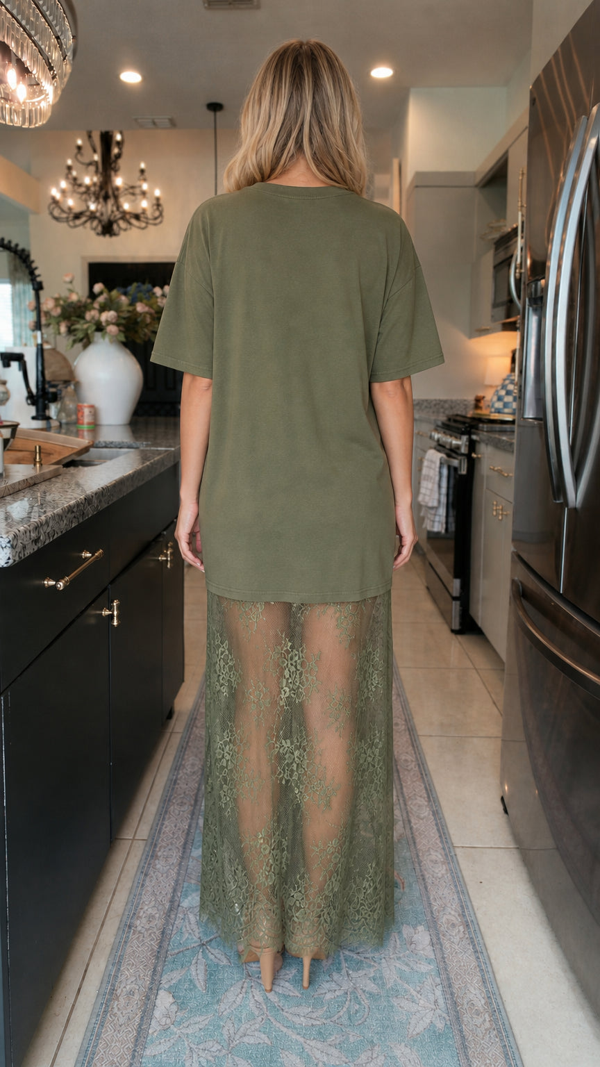 Back view of model wearing olive lace maxi dress