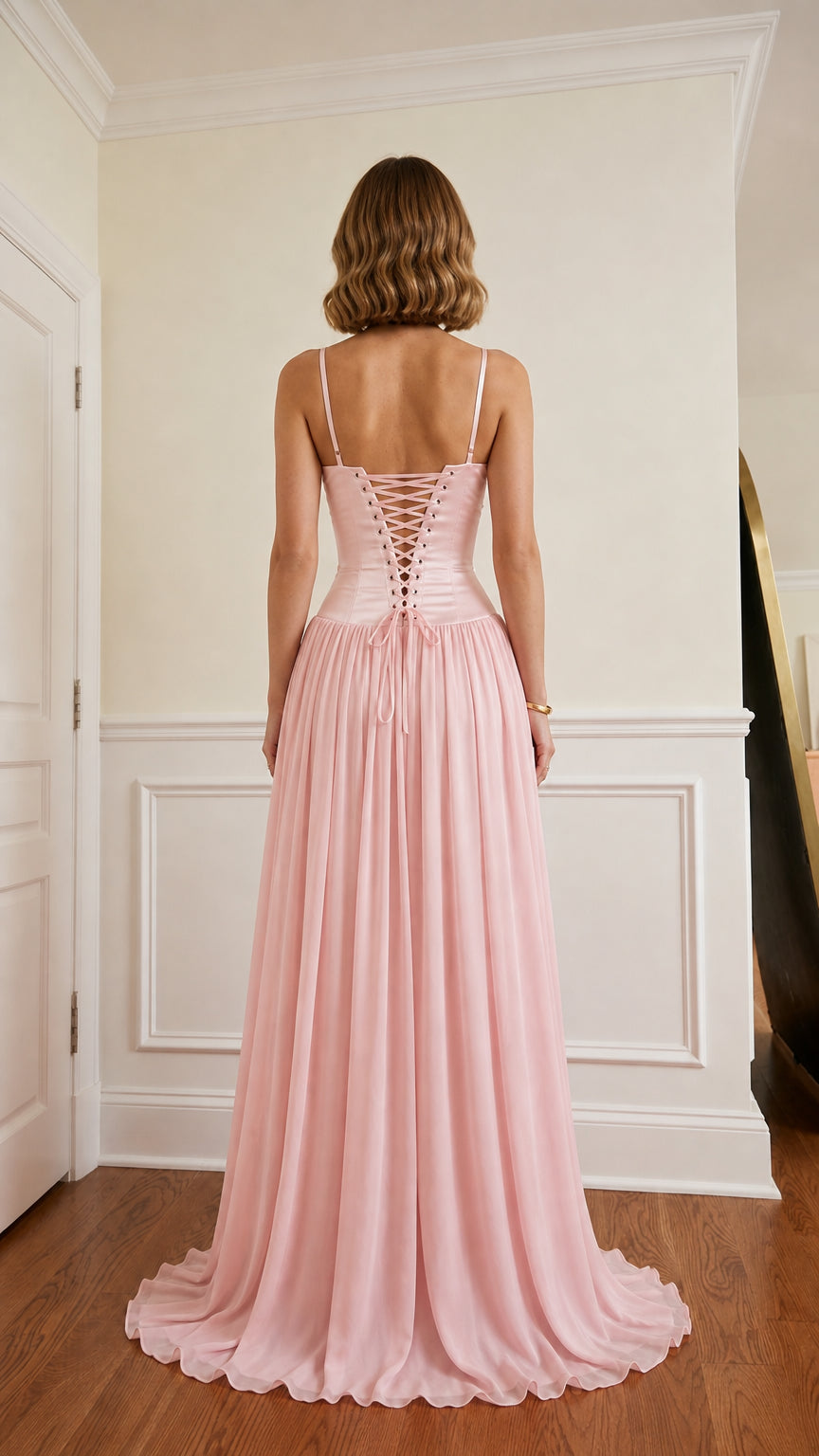 Back view showing lace-up detail on pink evening dress
