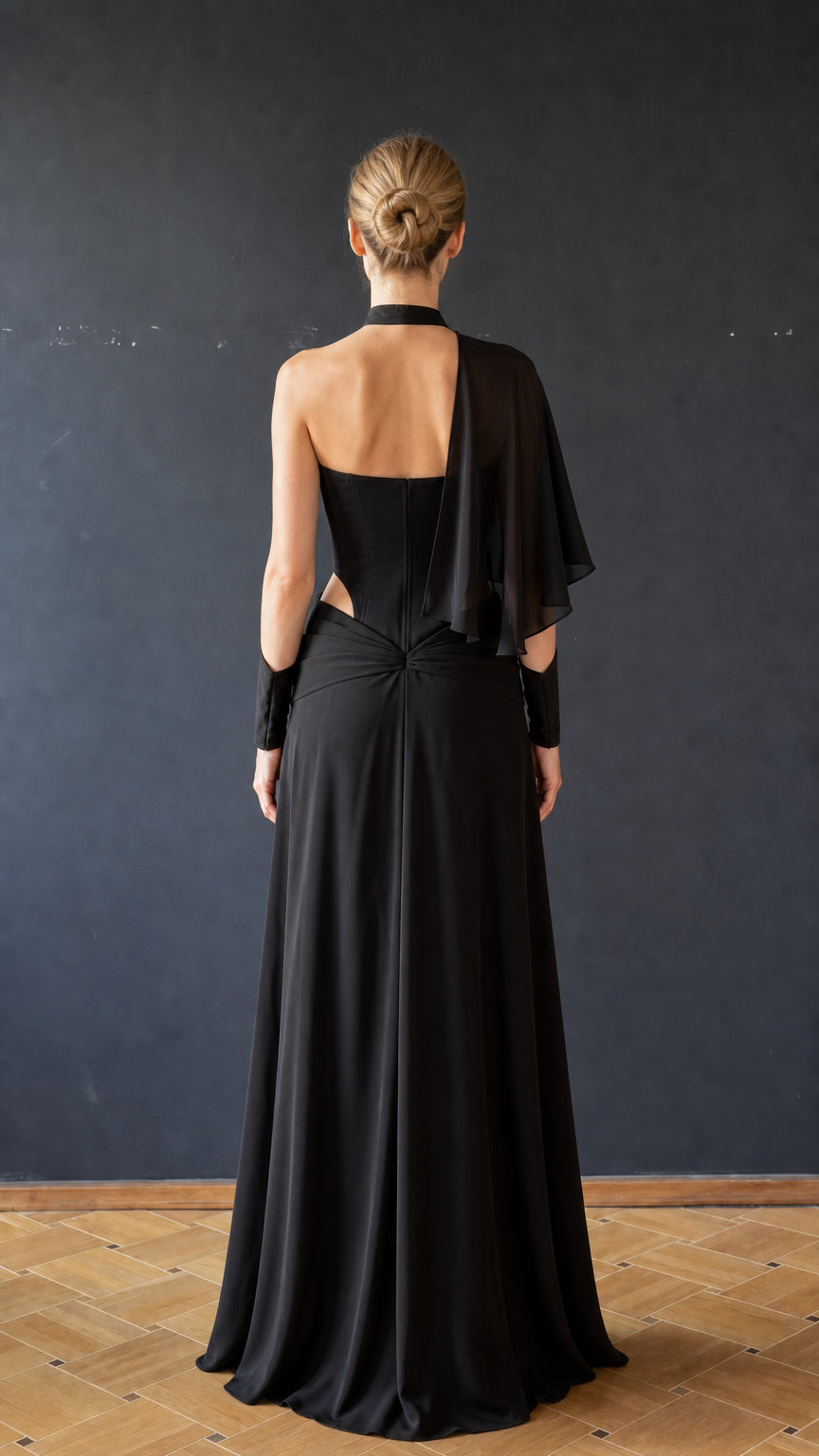 Back view of black formal maxi dress