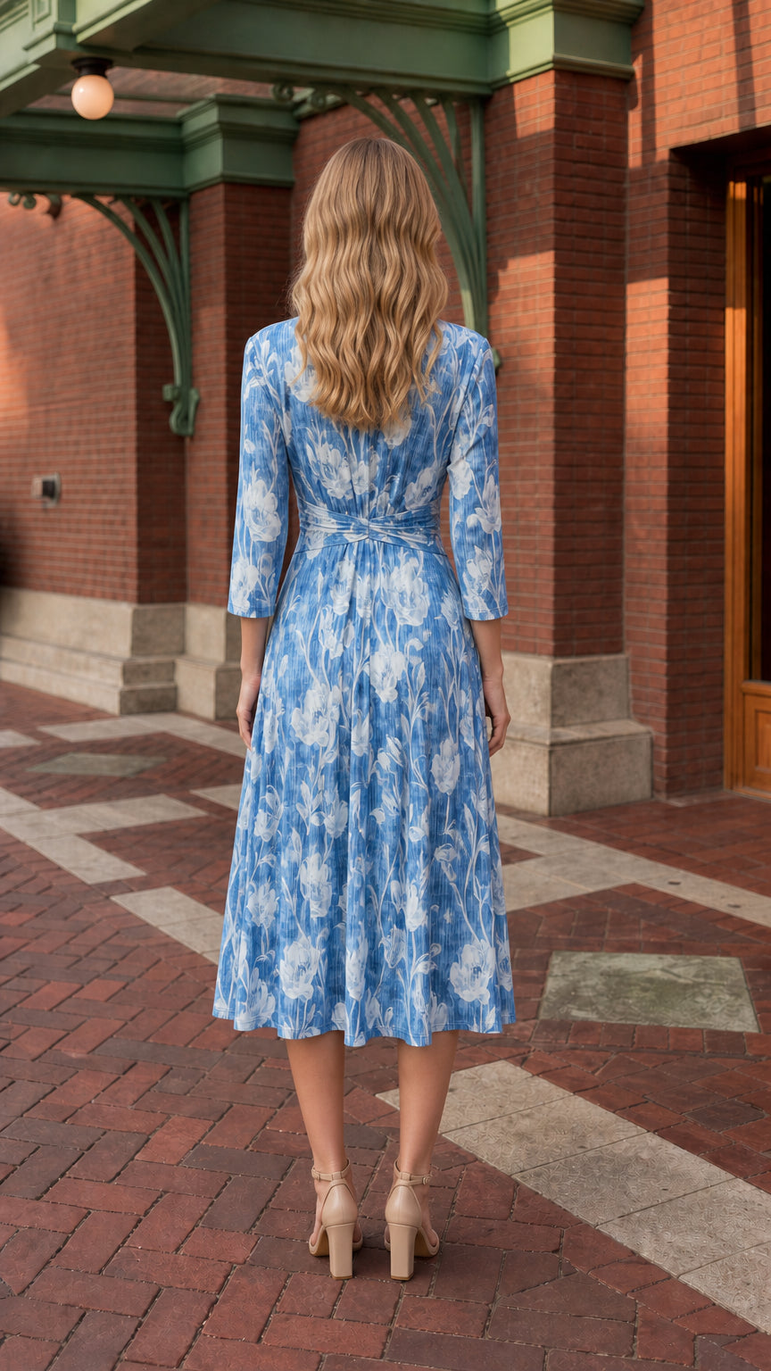 Back view of model in blue floral pleated midi dress