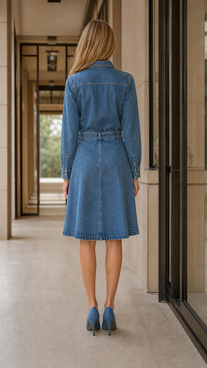 Back view of blue denim shirt dress