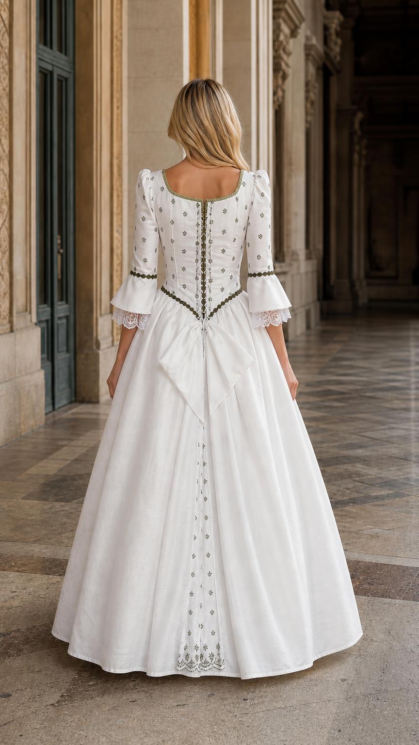Back view showing intricate details of white Renaissance dress