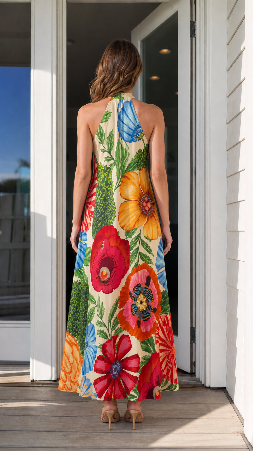 Vibrant floral halter neck maxi dress back view