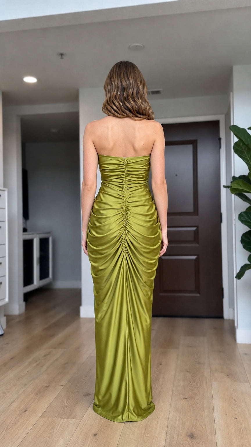 Back view of olive green ruched maxi dress