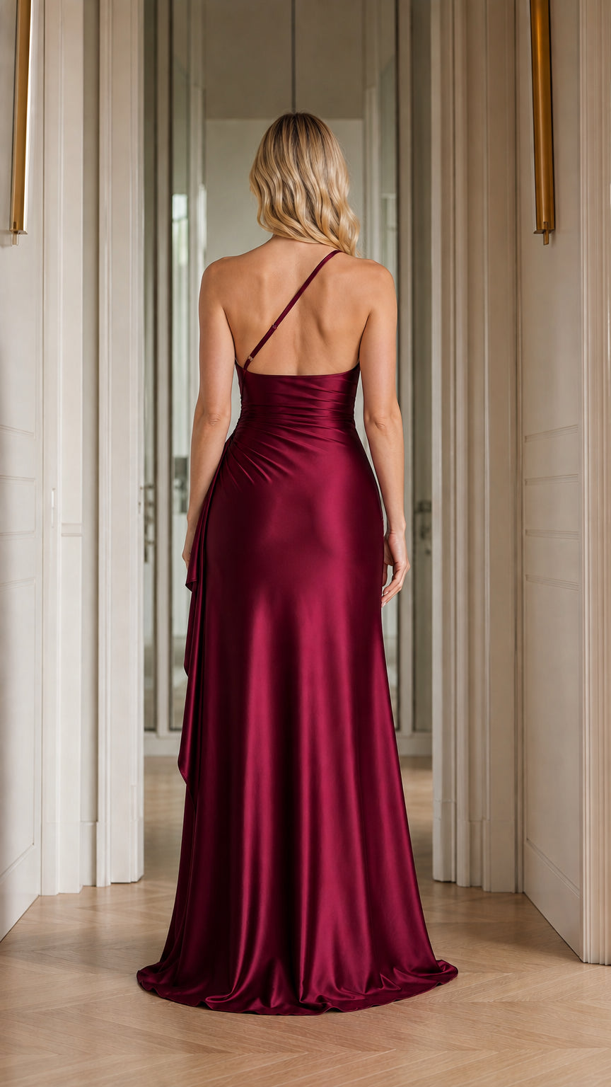 Back view of Burgundy formal maxi dress showing strap details